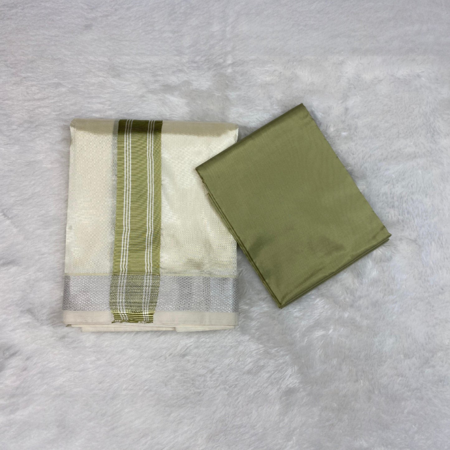 HORAD Premium Art Silk Cream with FIR.Green+Silver Border Dhoti with FIR.Green Shirt Material