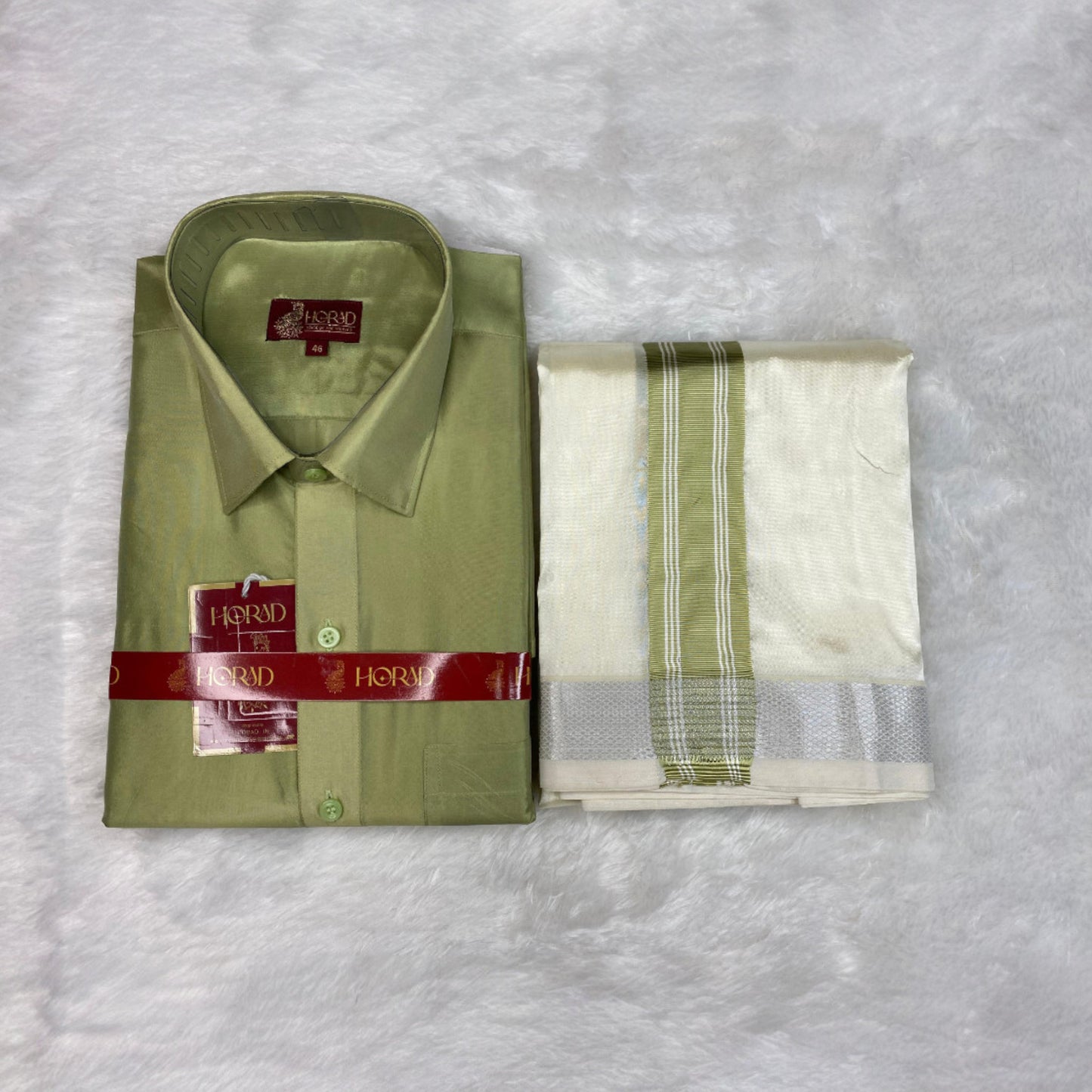 Horad Premium Art Silk FIR.Green Shirt + Cream with FIR.Green+Silver Border Dhoti