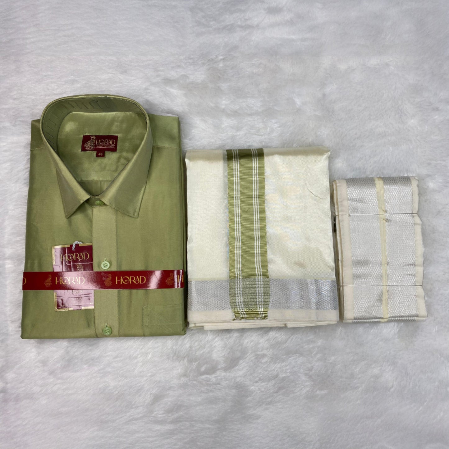 Horad Premium Art Silk FIR.Green Shirt + Cream with FIR.Green+Silver Border Dhoti + Angavastram