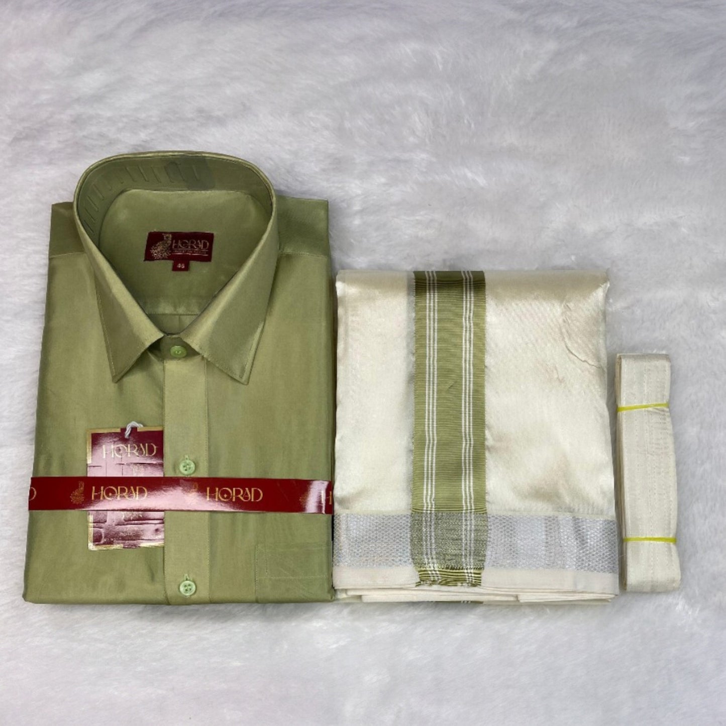Horad Premium Art Silk FIR.Green Shirt + Cream with FIR.Green+Silver Border Dhoti + Belt