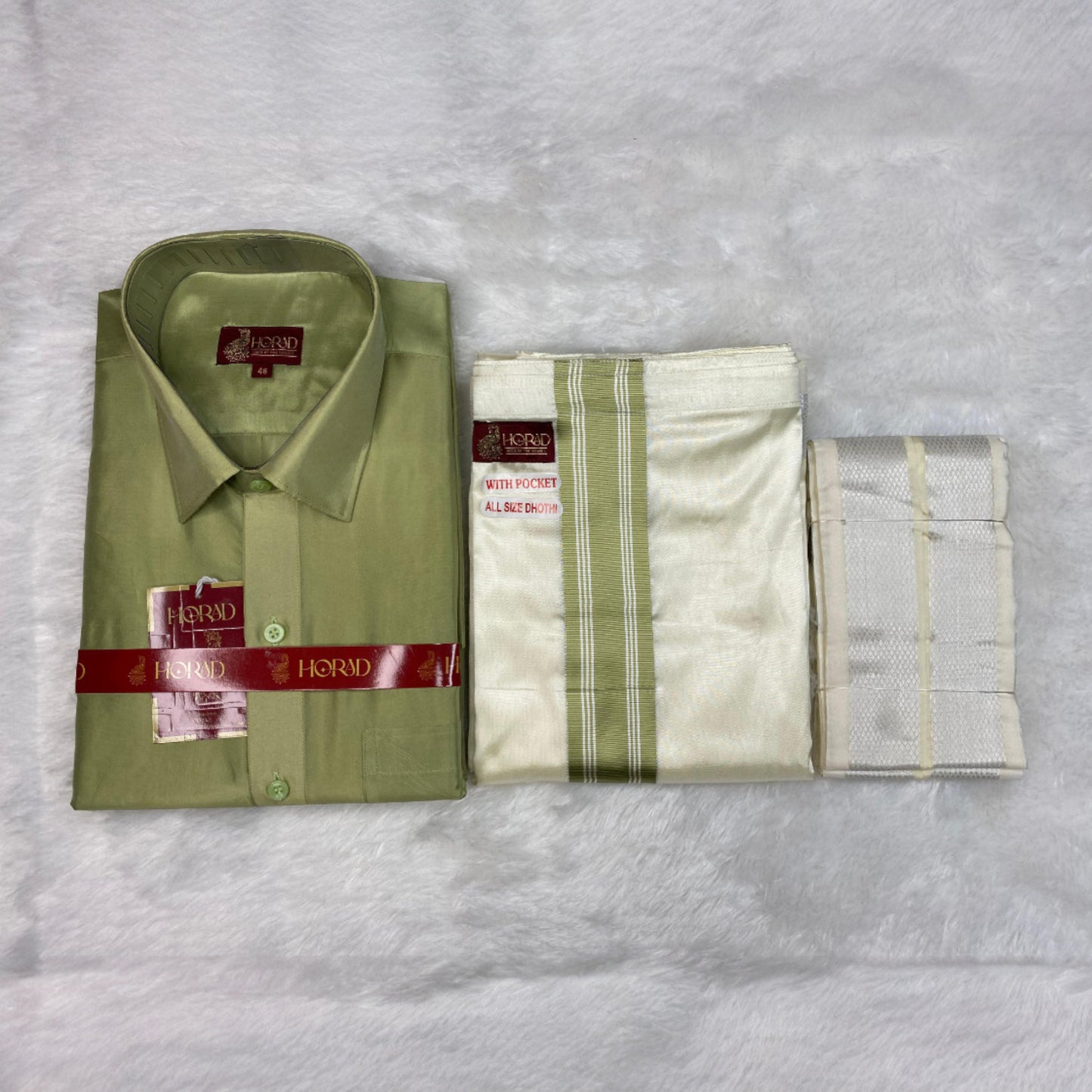 Horad Premium Art Silk FIR.Green Shirt + Cream with FIR.Green+Silver Border Welcro Dhoti + Angavastram
