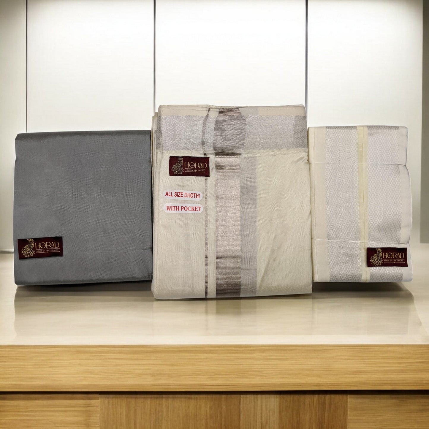 HORAD Premium Art Silk Cream Welcro Dhoti with Grey Shirt Material + Angavastram