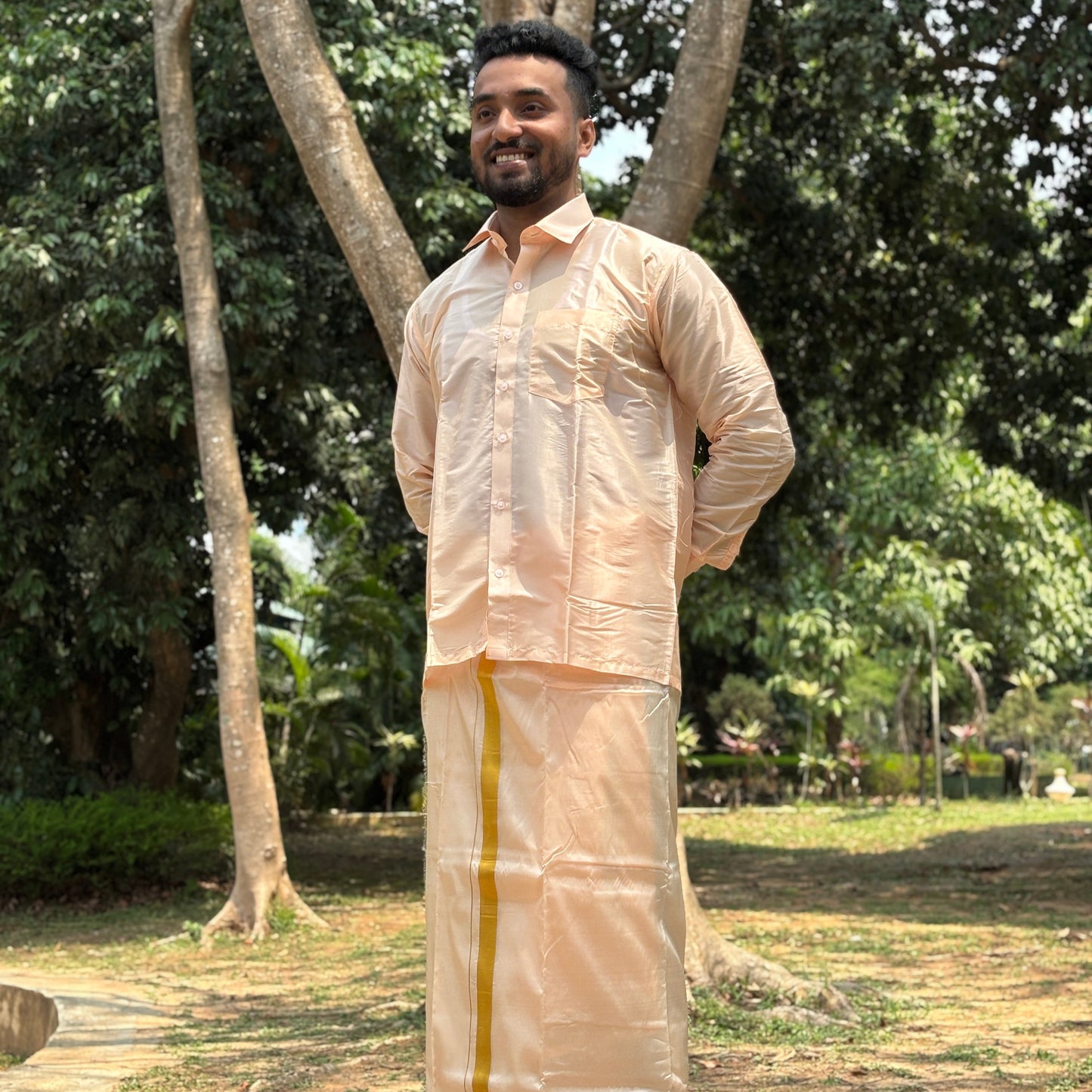 Horad Premium Art Silk Rose Gold Shirt + Welcro Dhoti