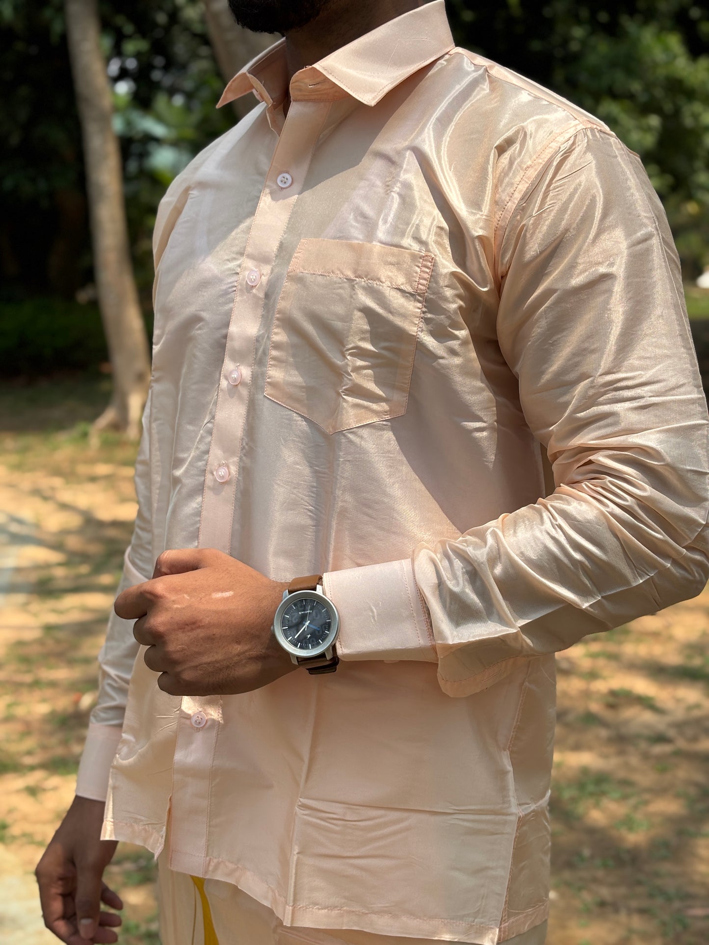 Horad Premium Art Silk Rose Gold Shirt + Welcro Dhoti