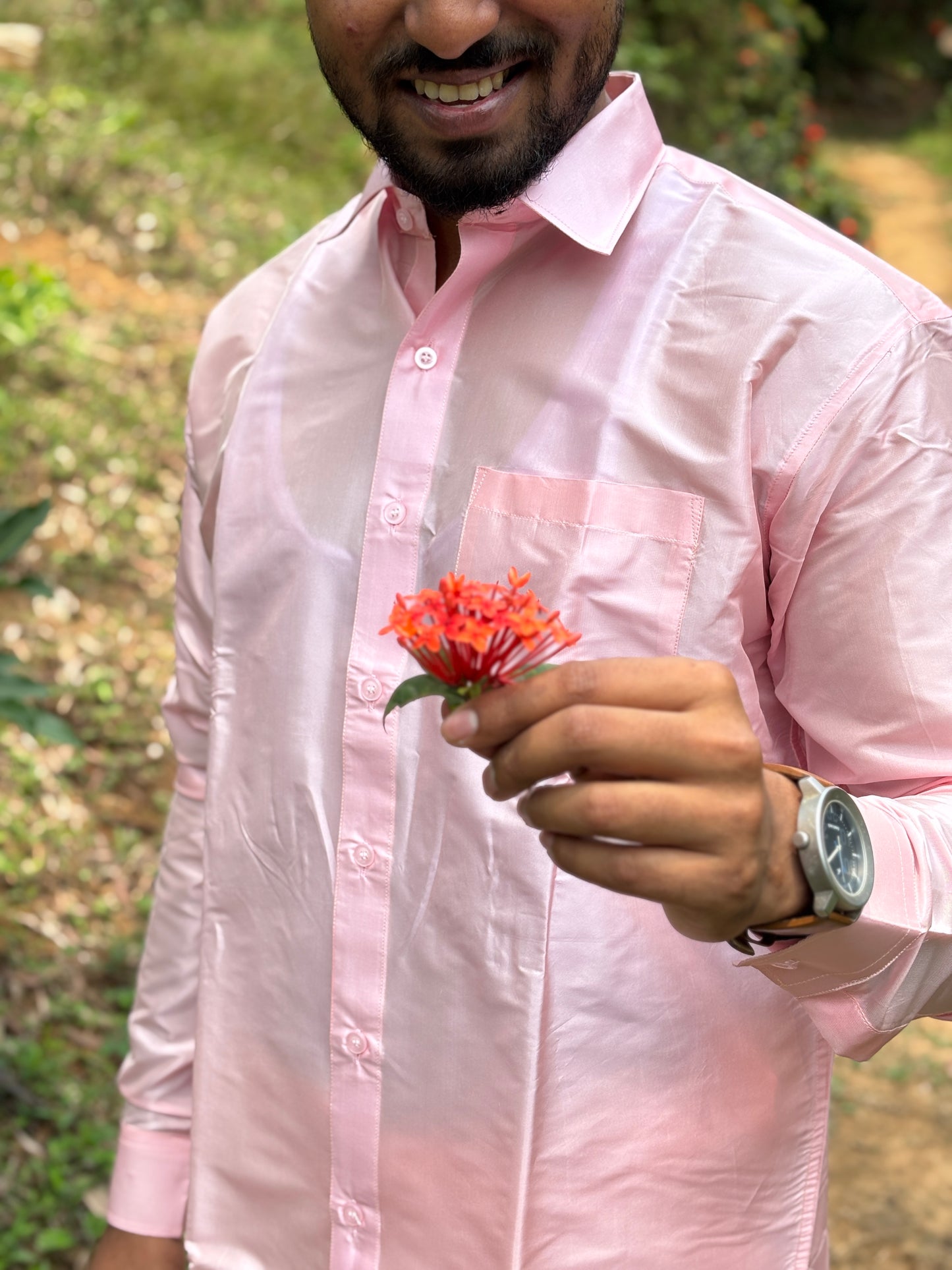 Horad Premium Art Silk Petal Pink Shirt + Dhoti + Belt