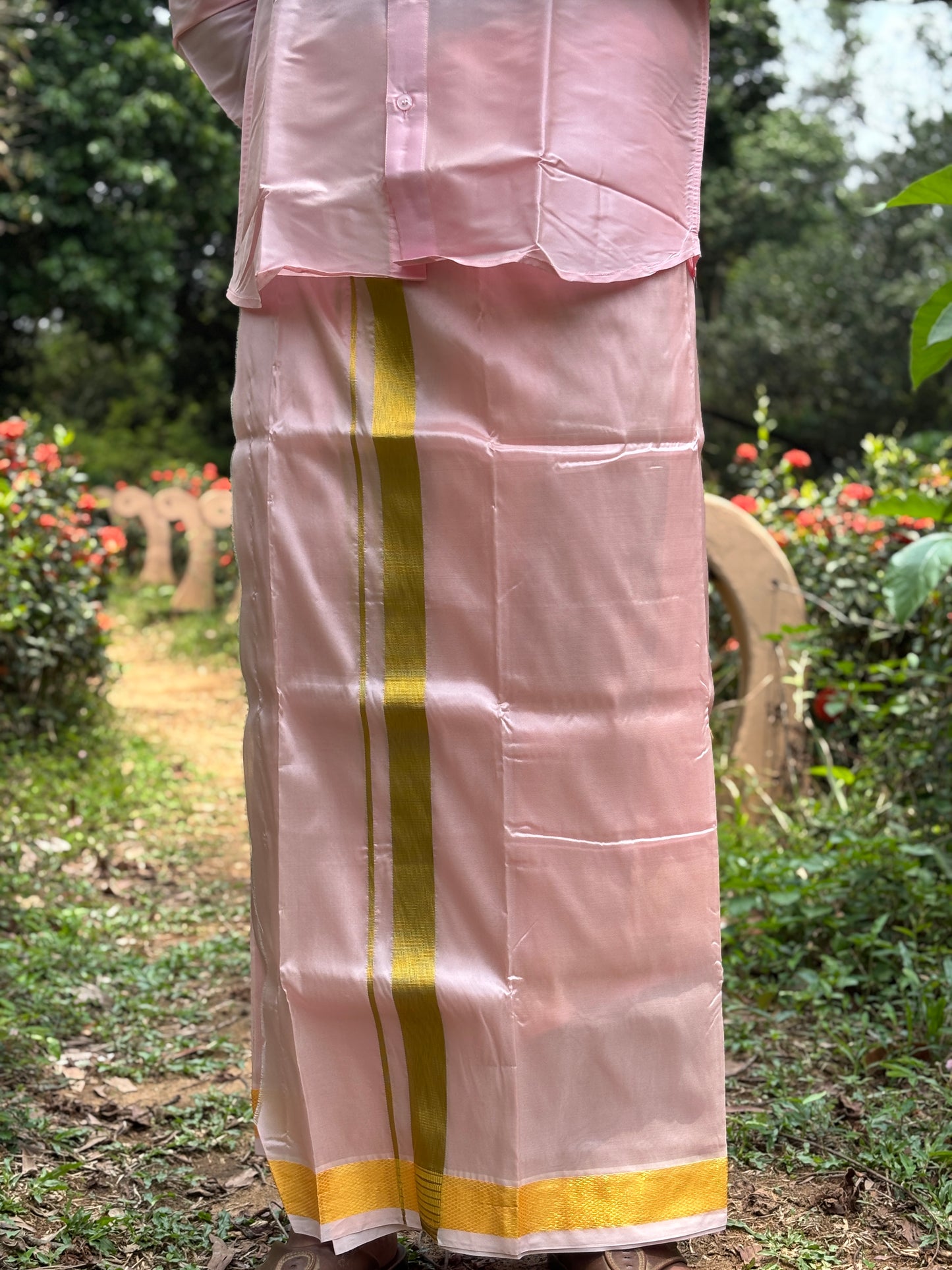 Horad Premium Art Silk Petal Pink Shirt + Dhoti + Belt