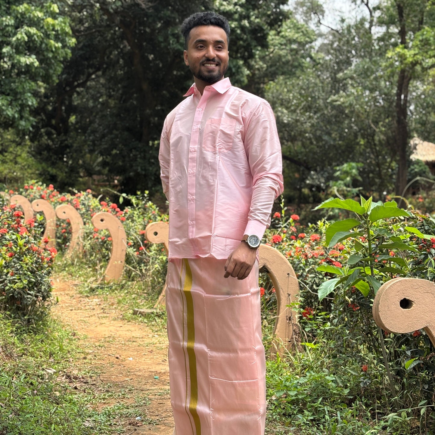 Horad Premium Art Silk Petal Pink Shirt + Dhoti + Belt