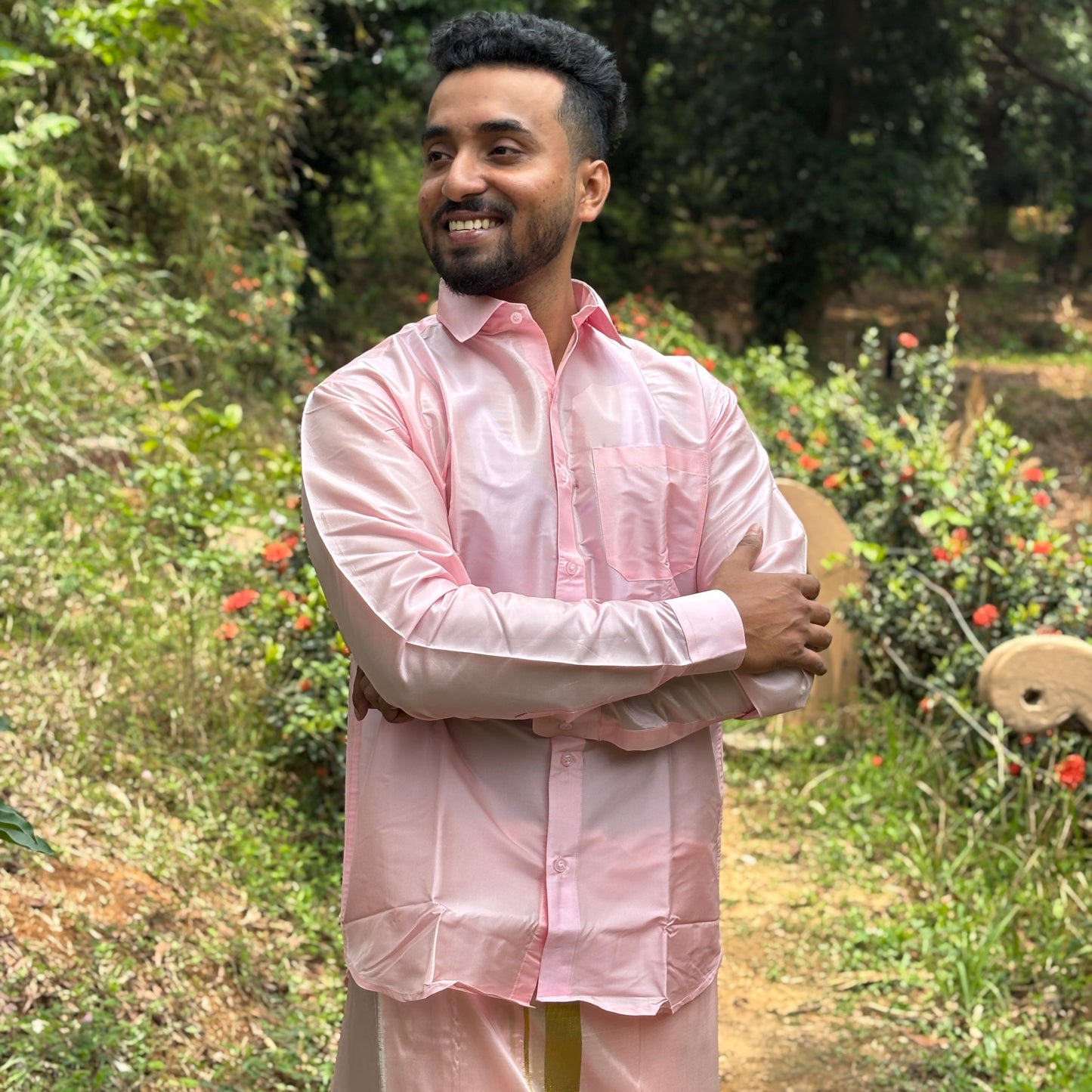 Horad Premium Art Silk Petal Pink Shirt + Dhoti + Belt