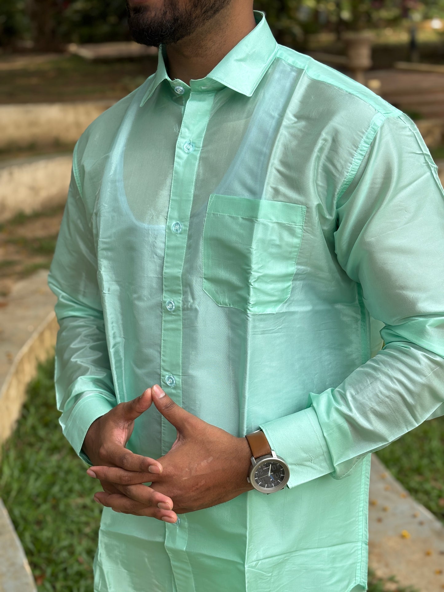 Horad Premium Art Silk M.L.Green Shirt + Welcro Dhoti