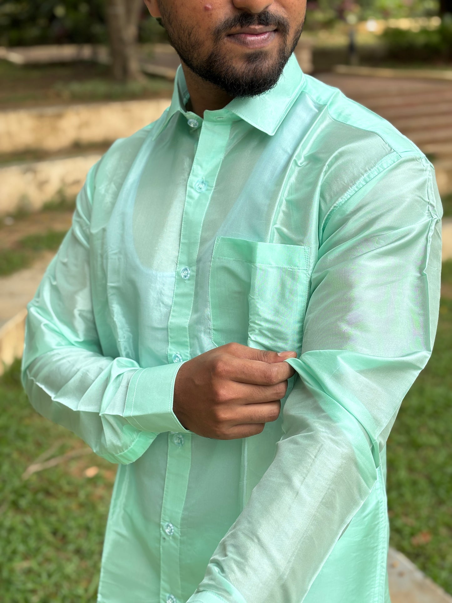 Horad Premium Art Silk M.L.Green Shirt + Welcro Dhoti