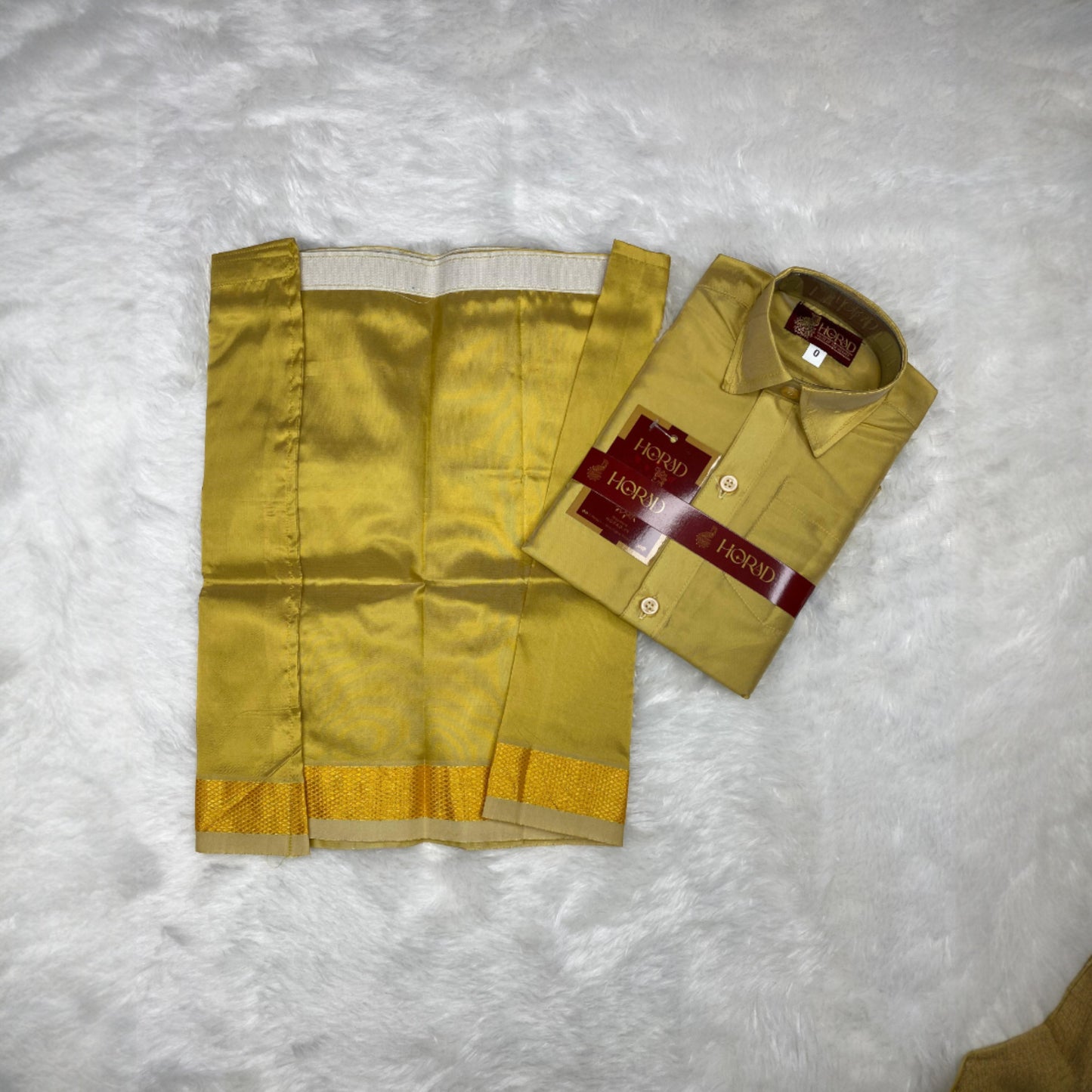 Horad Premium Art Silk Dad and Son Dark Gold Shirt + Dhoti + Angavastram + Belt