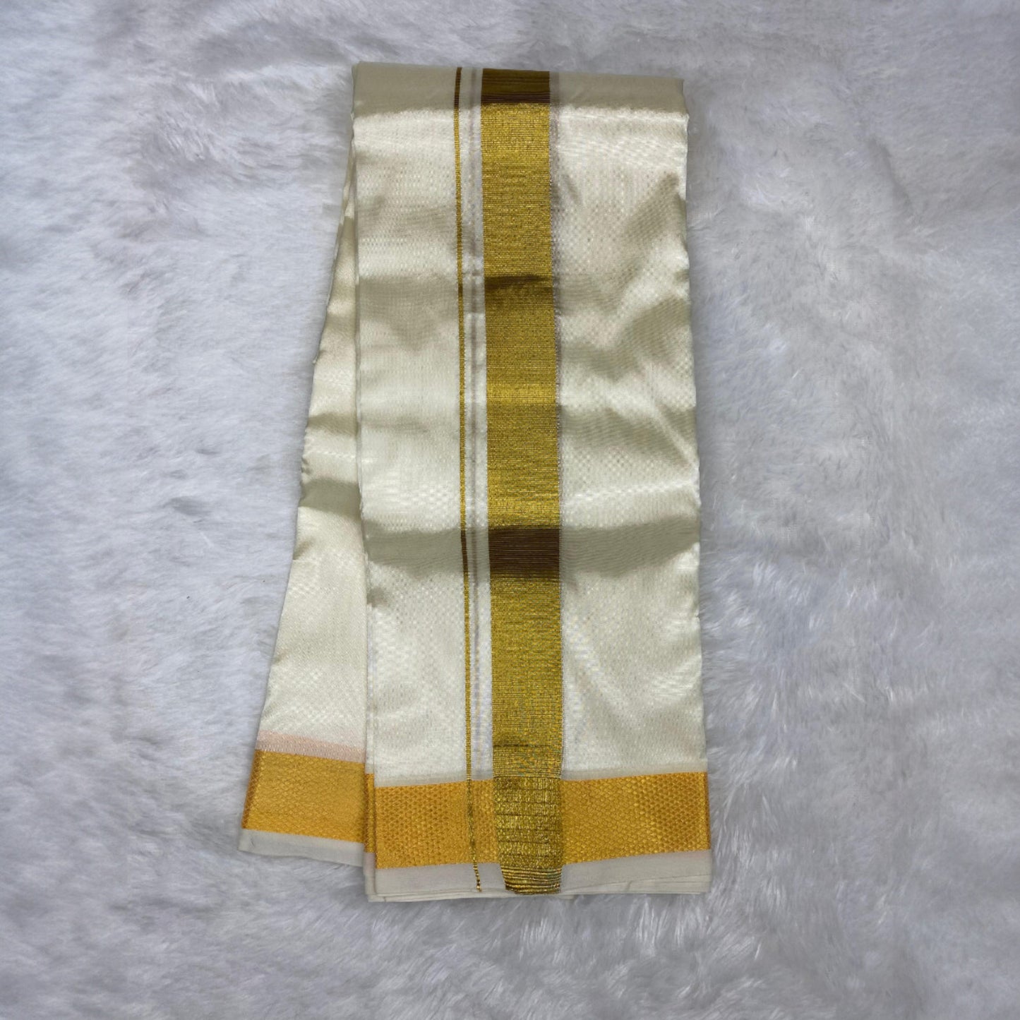 Horad Premium Art Silk Dad and Son Cream Shirt + Cream with Gold Dhoti + Angavastram + Belt