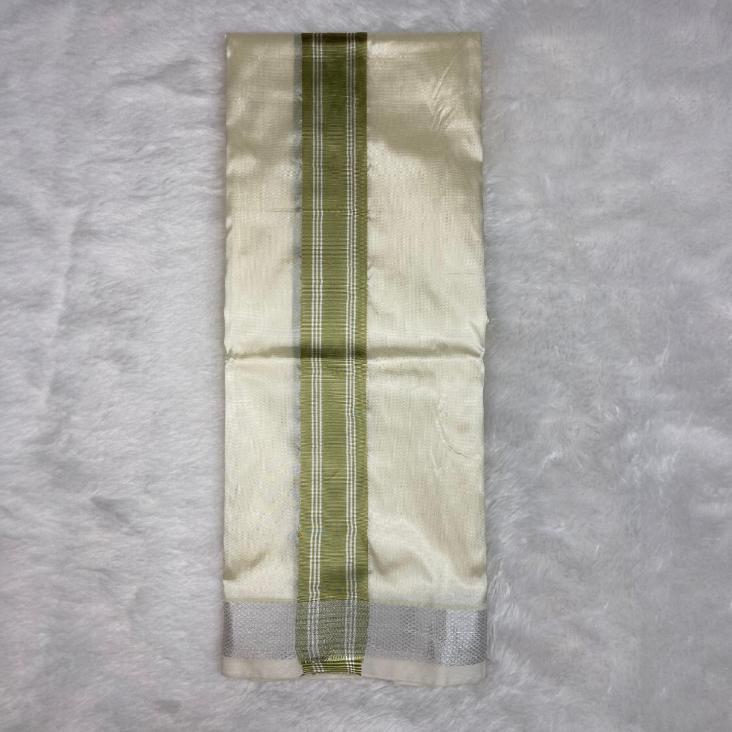 Horad Premium Art Silk Dad and Son Cream Shirt + Cream with FIR.Green+Silver Border Dhoti + Angavastram + Belt