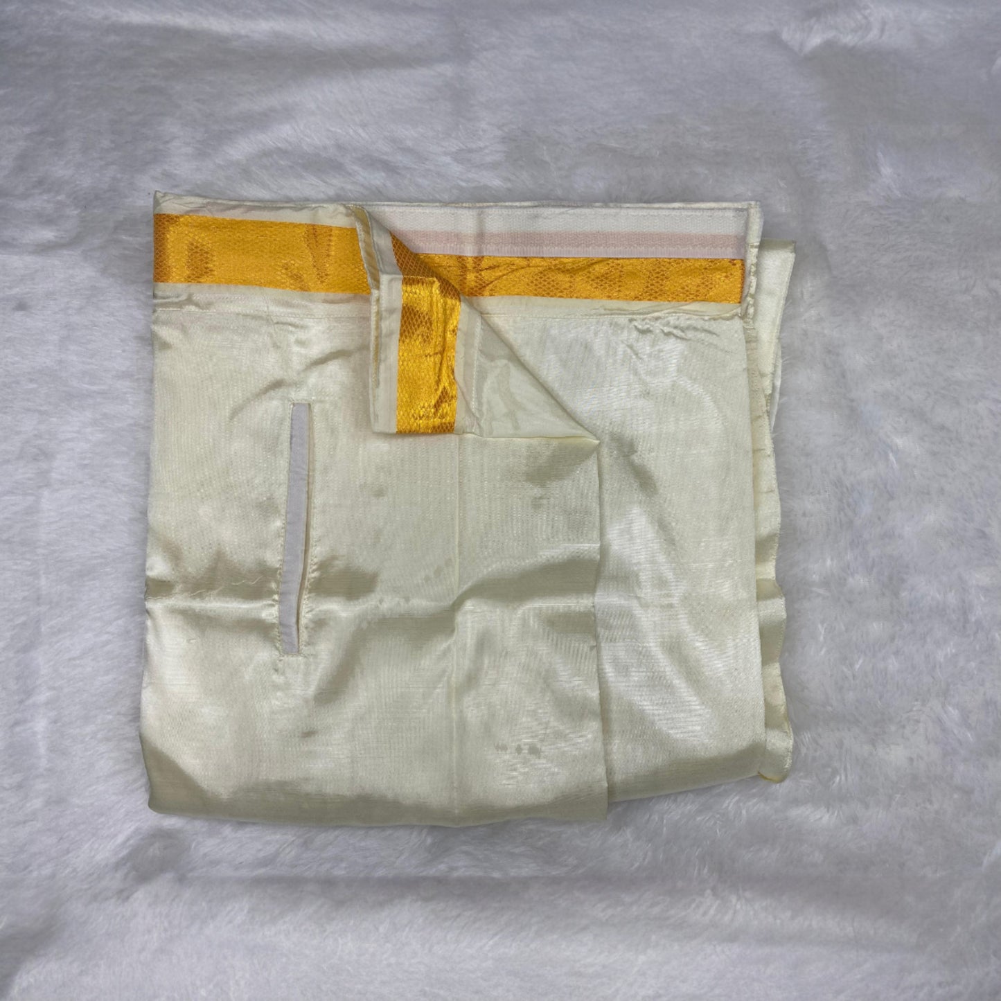 Horad Premium Art Silk Dad and Son Cream Shirt + Cream with Gold Welcro Dhoti + Angavastram