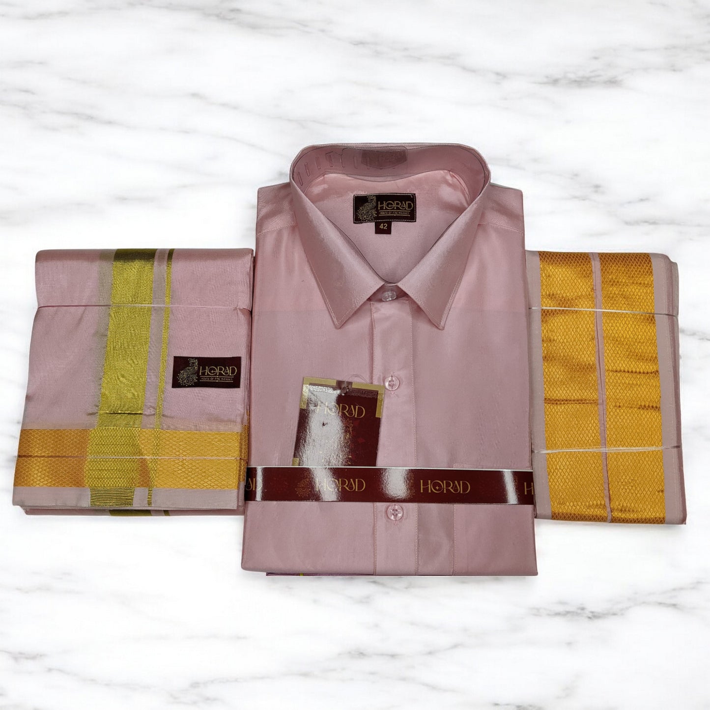 Horad Premium Art Silk Petal Pink Shirt + Dhoti + Angavastram