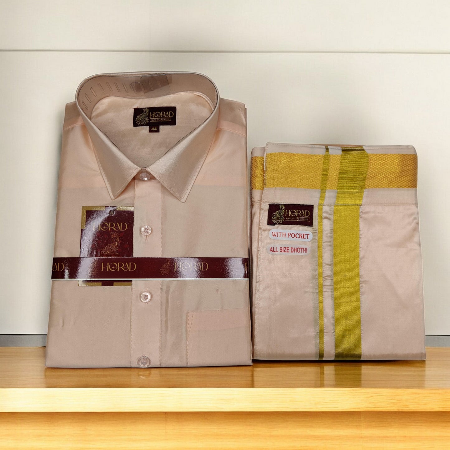 Horad Premium Art Silk Rose Gold Shirt + Welcro Dhoti