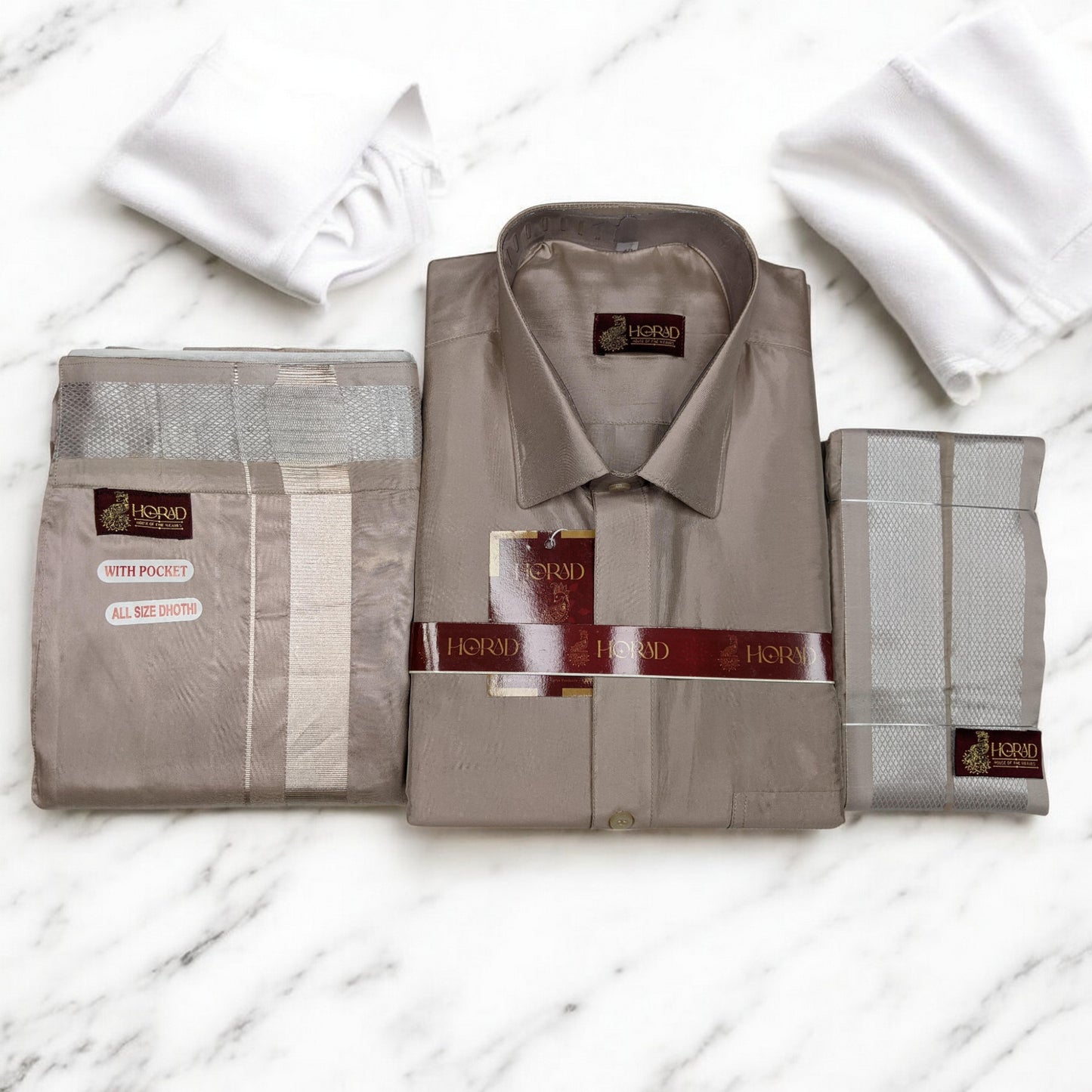 Horad Premium Art Silk Sandstone Shirt + Welcro Dhoti + Angavastram