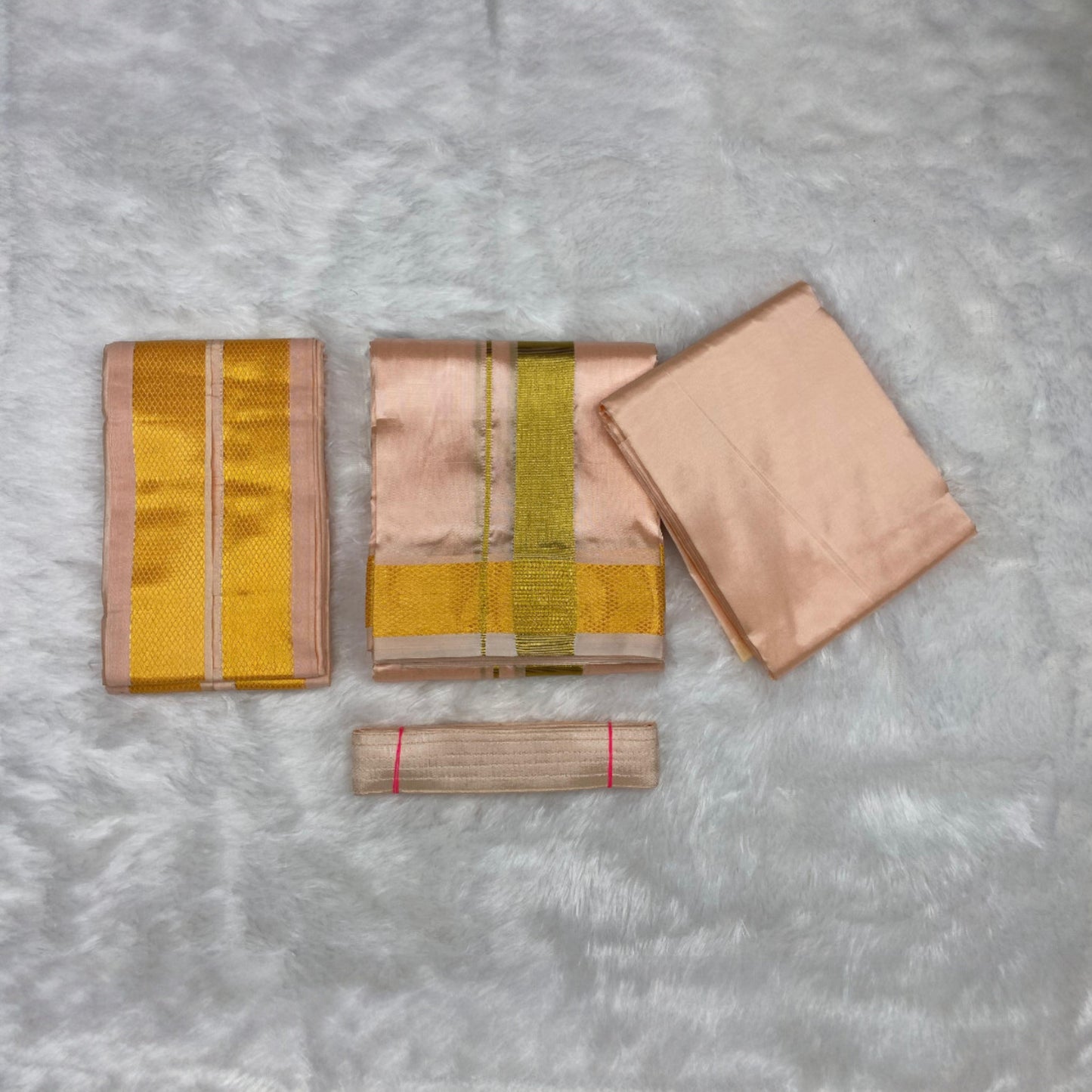 HORAD Premium Art Silk Rose Gold Dhoti with Shirt Material + Angavastram + Belt