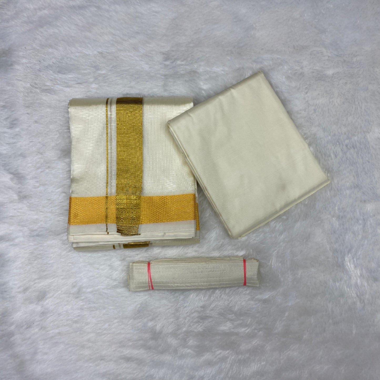 HORAD Premium Art Silk Cream with Gold Dhoti + Cream Shirt Material + Angavastram + Belt