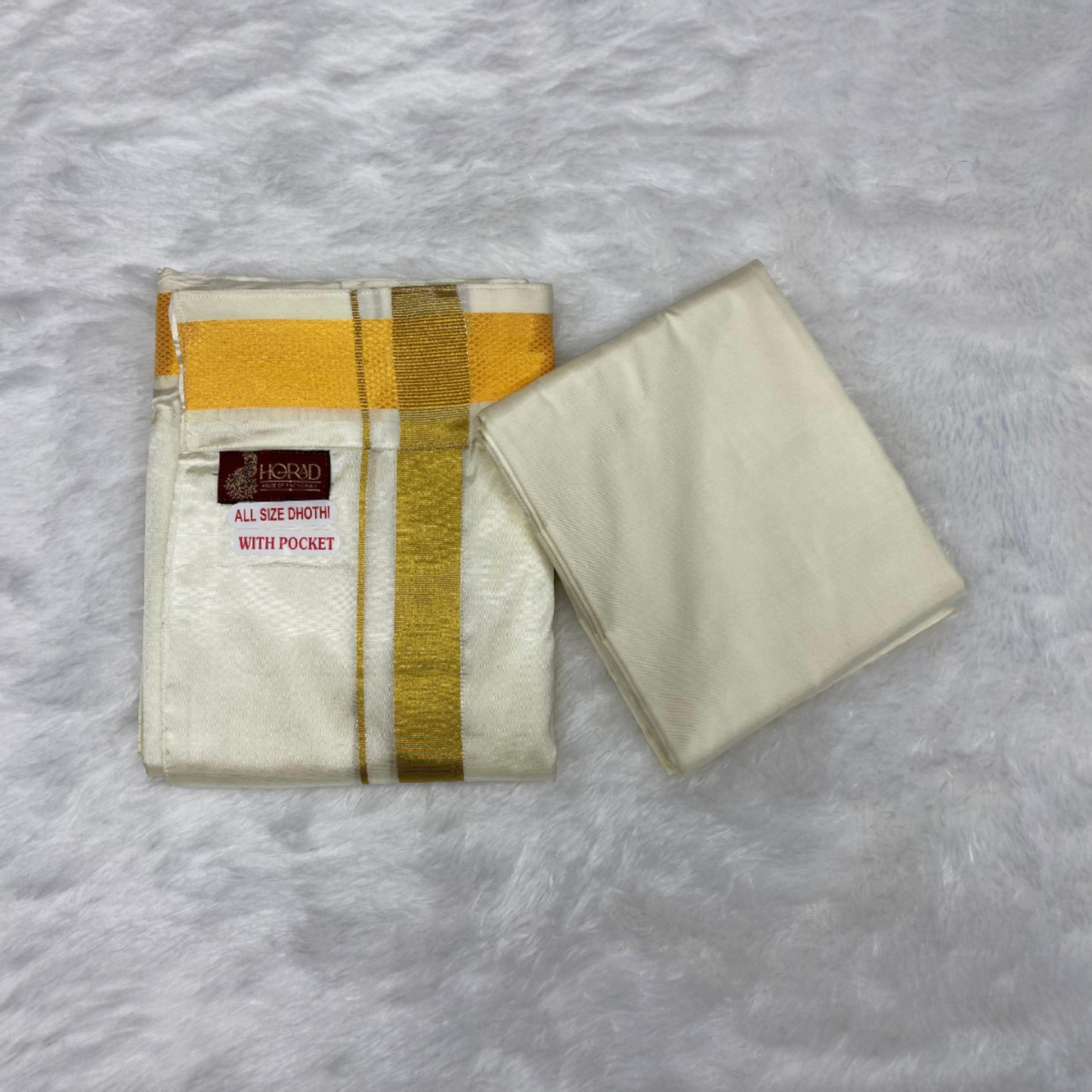 HORAD Premium Art Silk Cream with Gold Welcro Dhoti with Cream Shirt Material