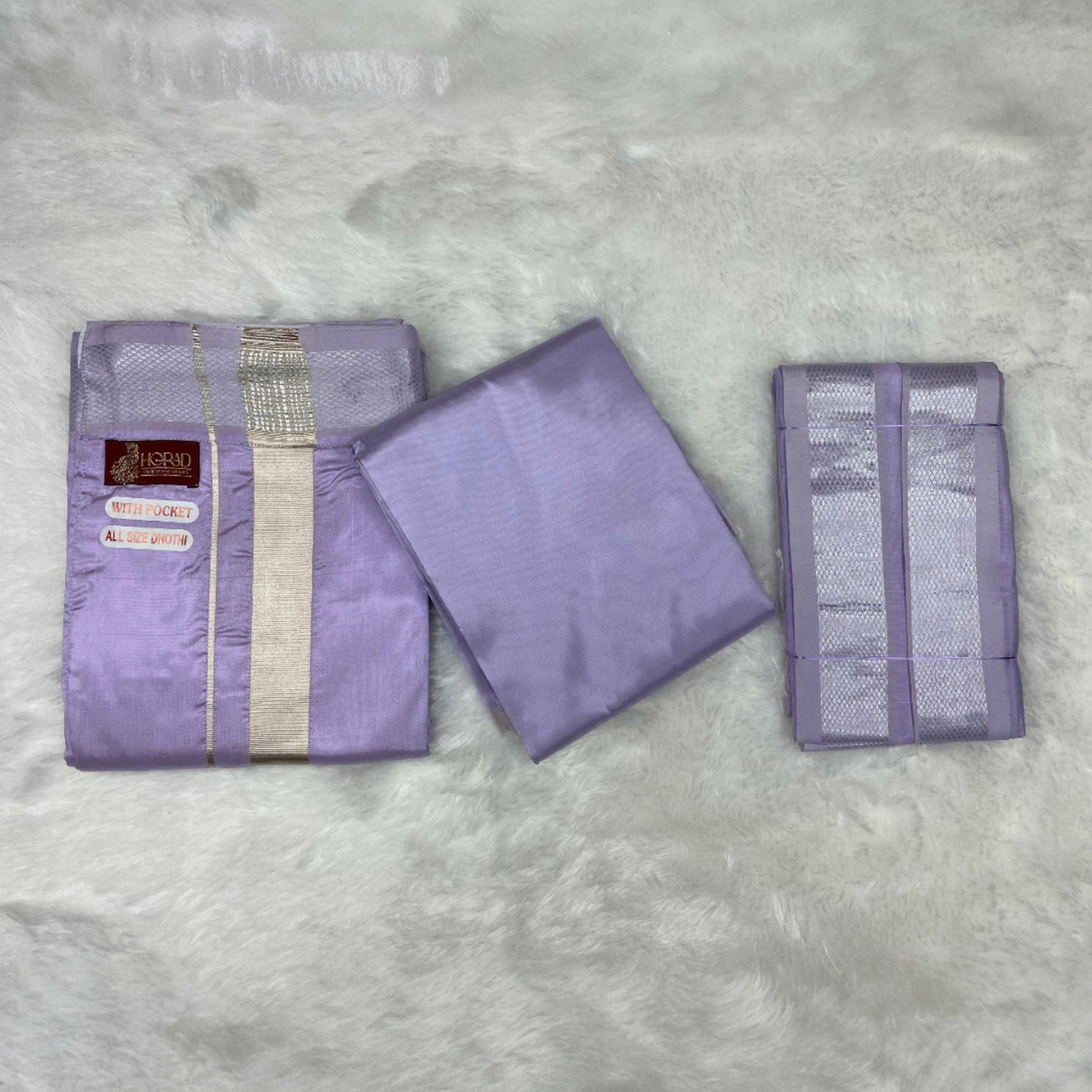 HORAD Premium Art Silk Lavender Welcro Dhoti with Shirt Material + Angavastram