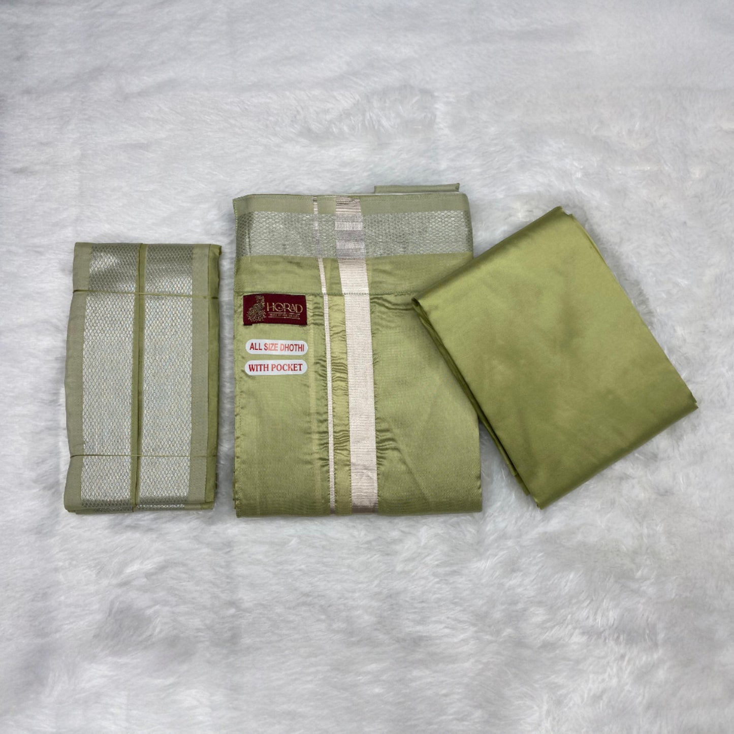 HORAD Premium Art Silk FIR.Green Welcro Dhoti with Shirt Material + Angavastram