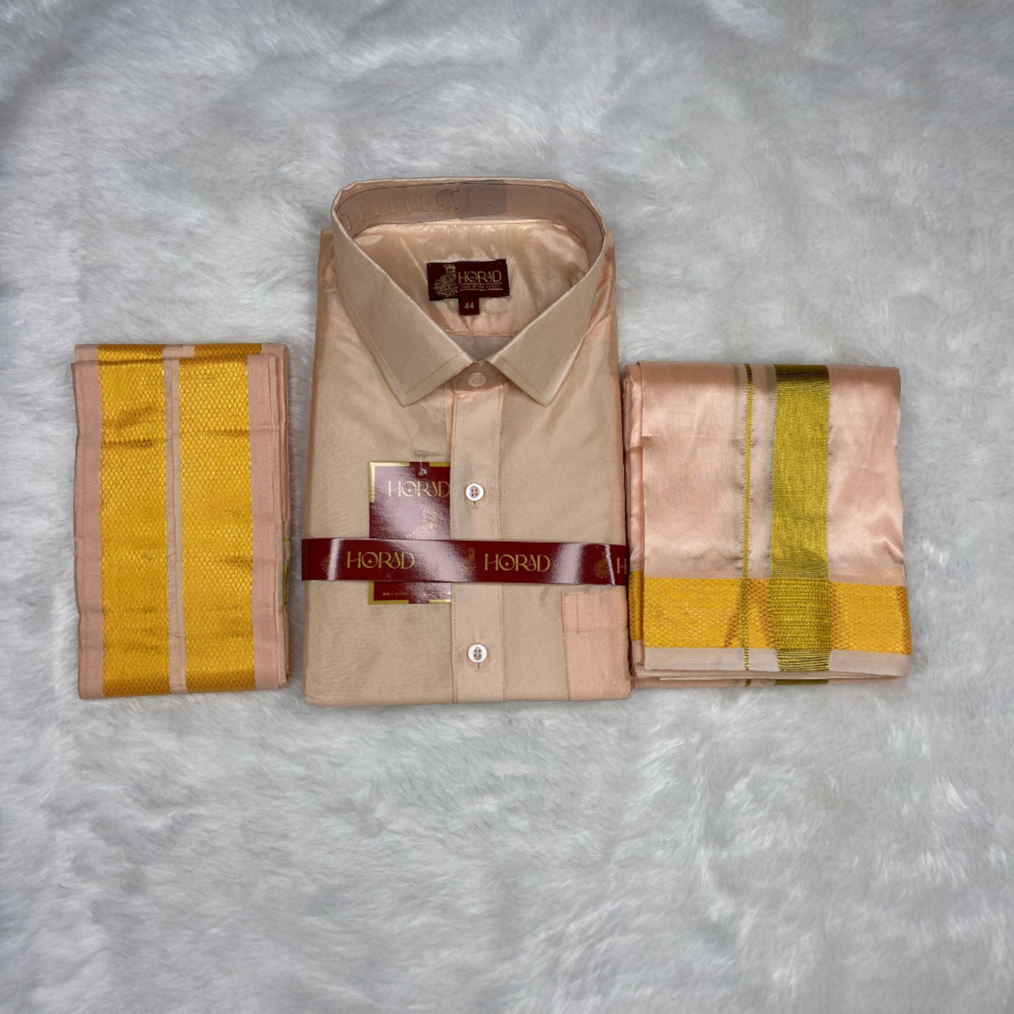 Horad Premium Art Silk Rose Gold Shirt + Dhoti + Angavastram