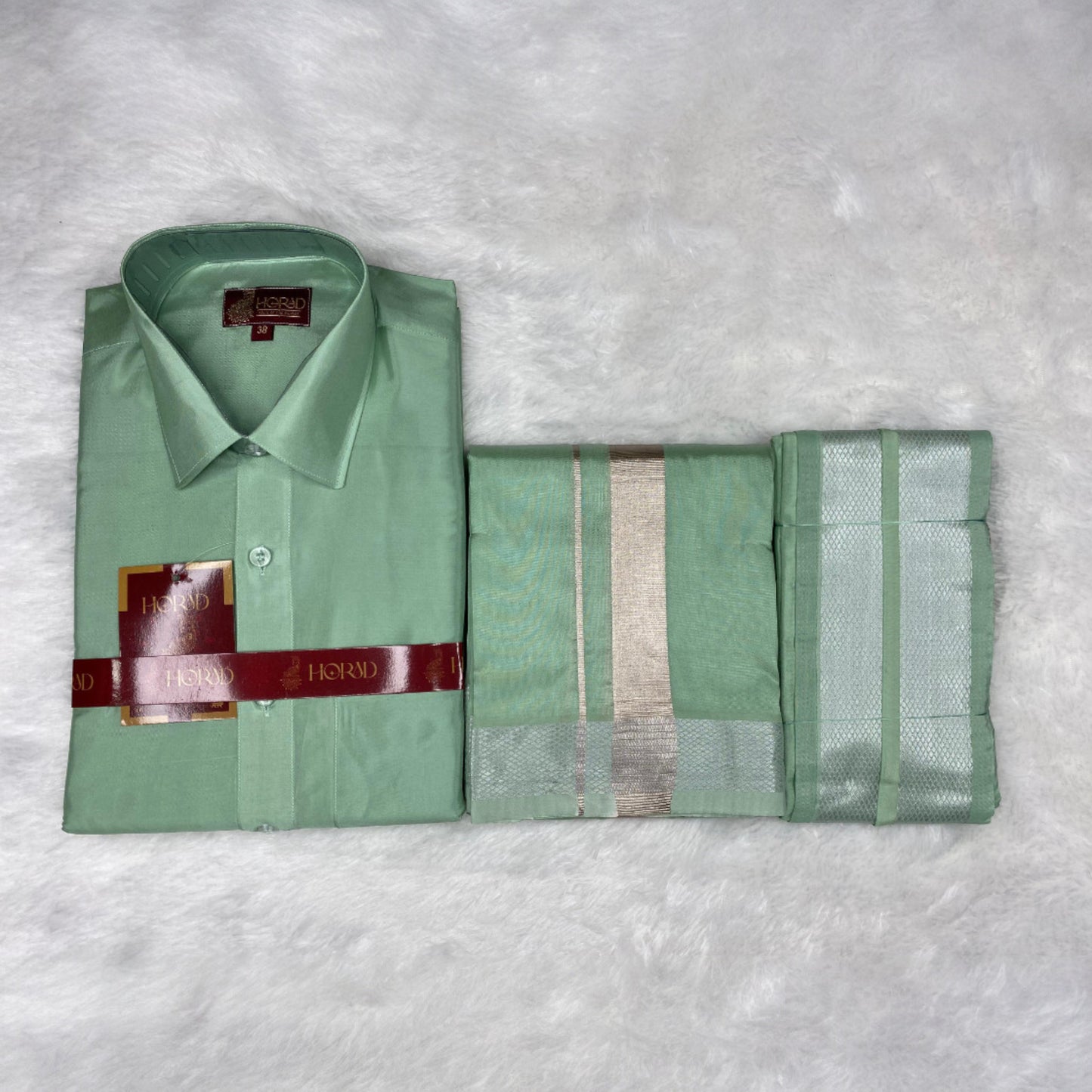Horad Premium Art Silk Pista Green Shirt + Dhoti + Angavastram