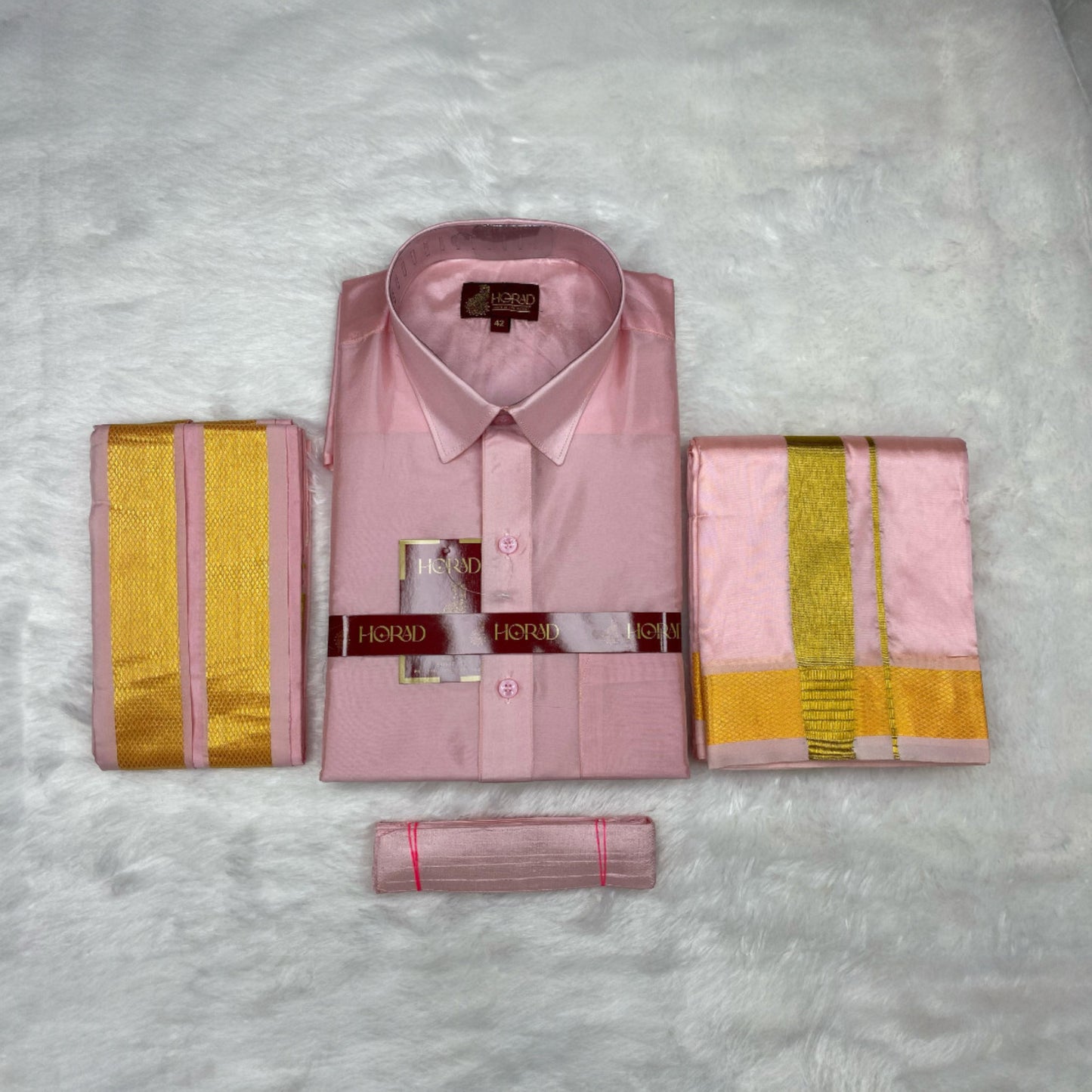 Horad Premium Art Silk Petal Pink Shirt + Dhoti + Angavastram + Belt