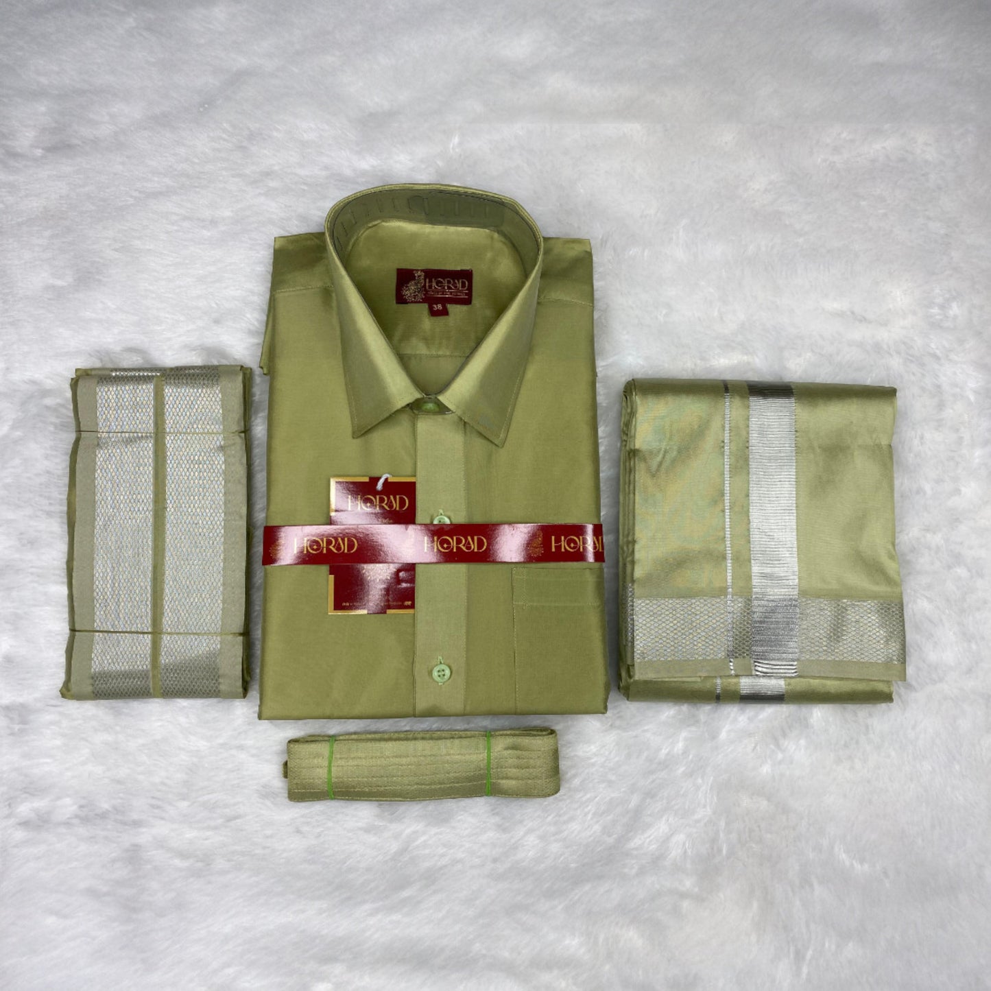 Horad Premium Art Silk FIR.Green Shirt + Dhoti + Angavastram + Belt