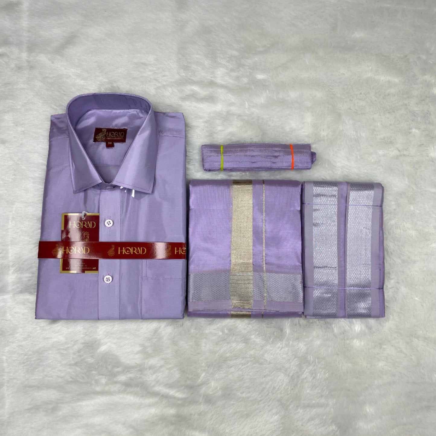 Horad Premium Art Silk Lavender Shirt + Dhoti + Angavastram + Belt