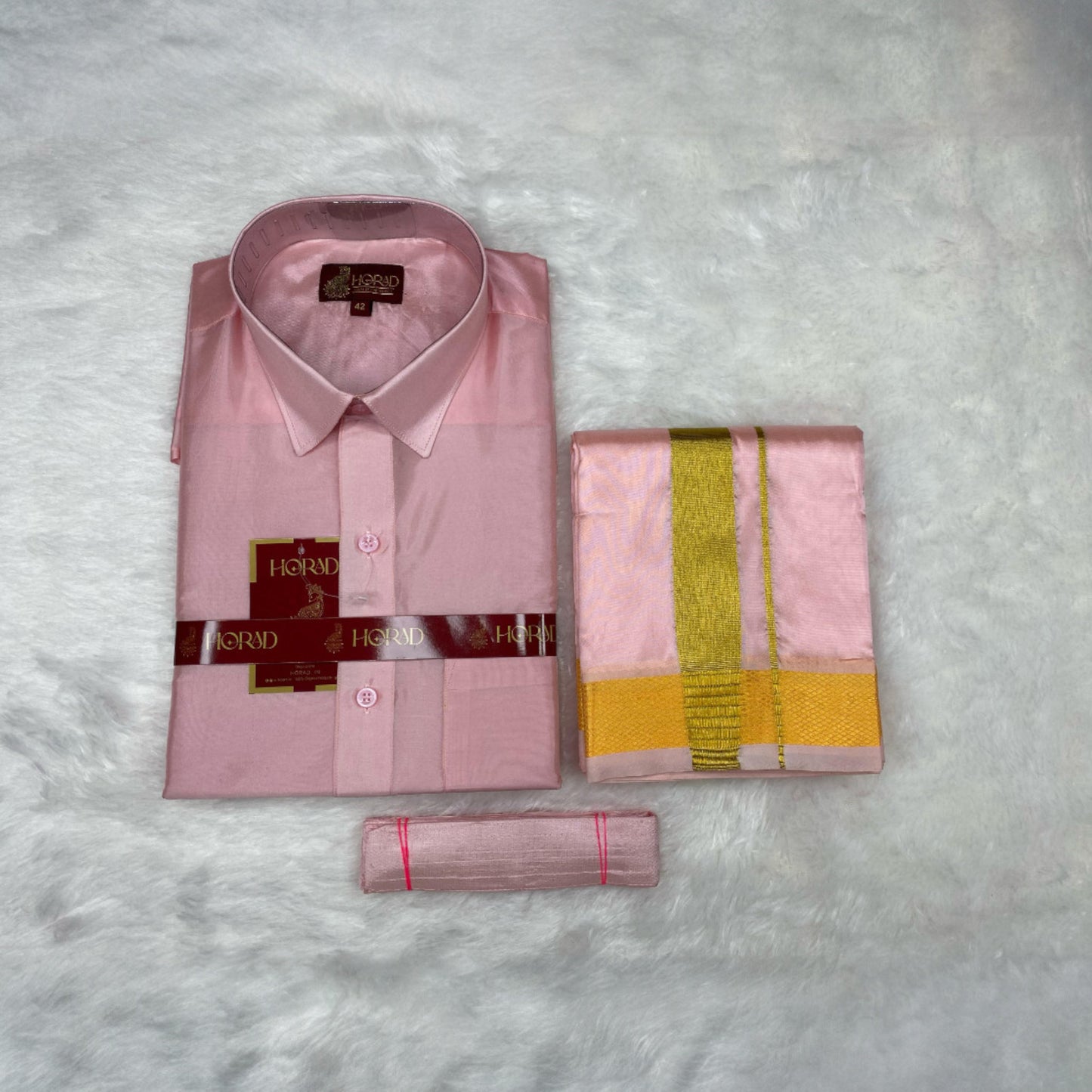 Horad Premium Art Silk Petal Pink Shirt + Dhoti + Belt