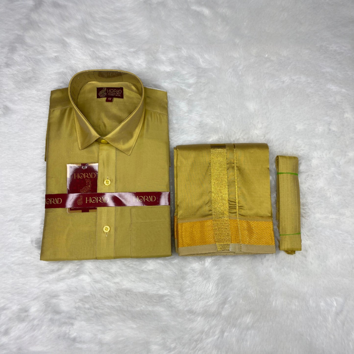 Horad Premium Art Silk Dark Gold Shirt + Dhoti + Belt