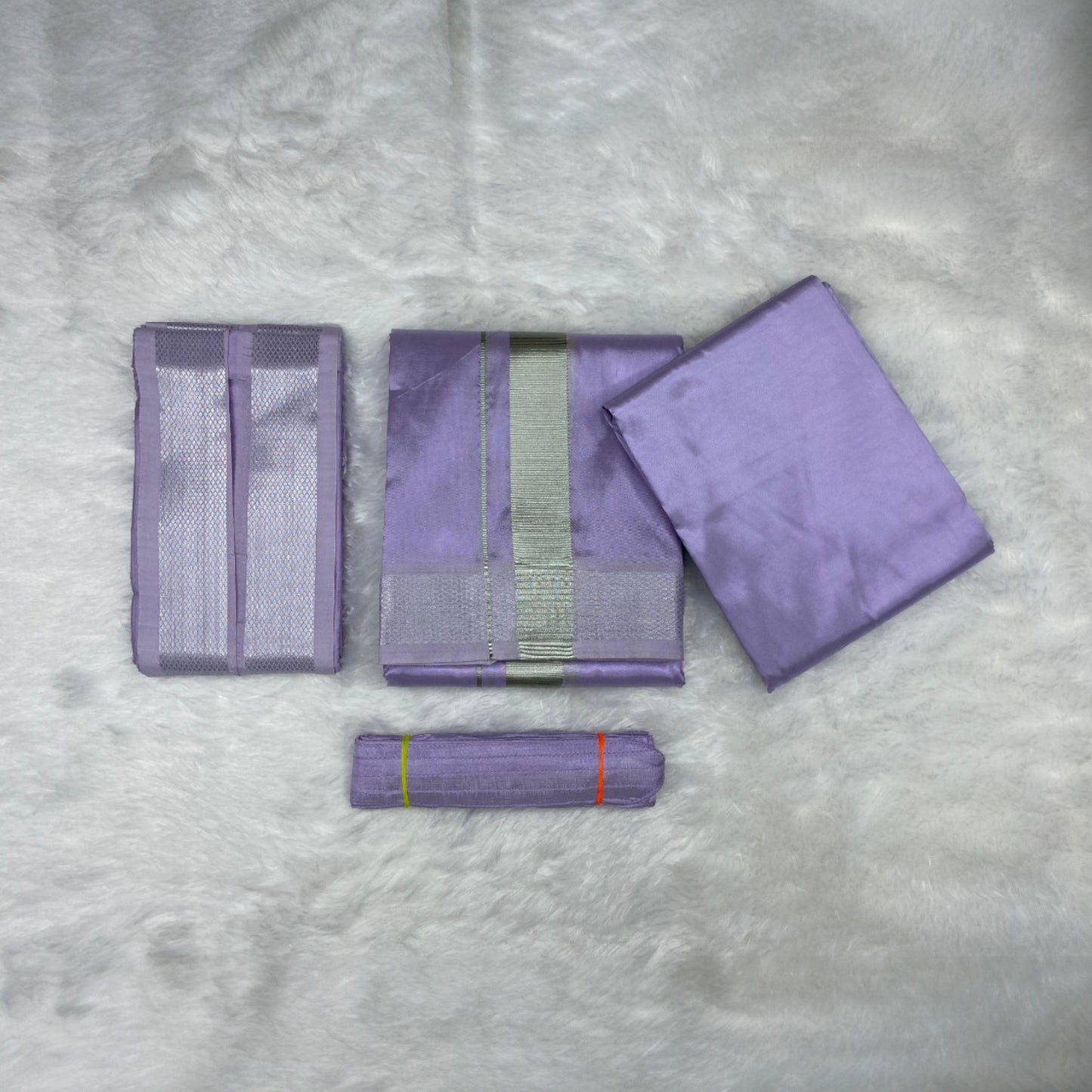 HORAD Premium Art Silk Lavender Shirt Material (3 Meter) + (9X5) Dhoti + Angavastram + Belt