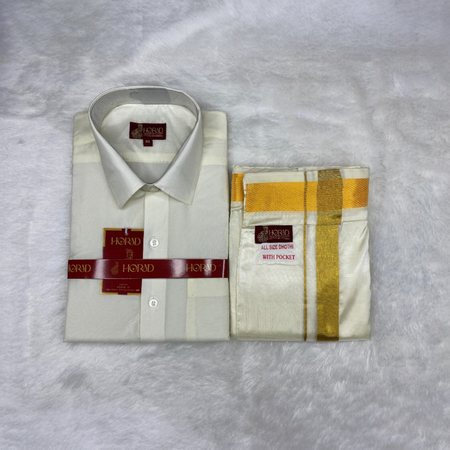 Horad Premium Art Silk Cream Shirt + Welcro Dhoti