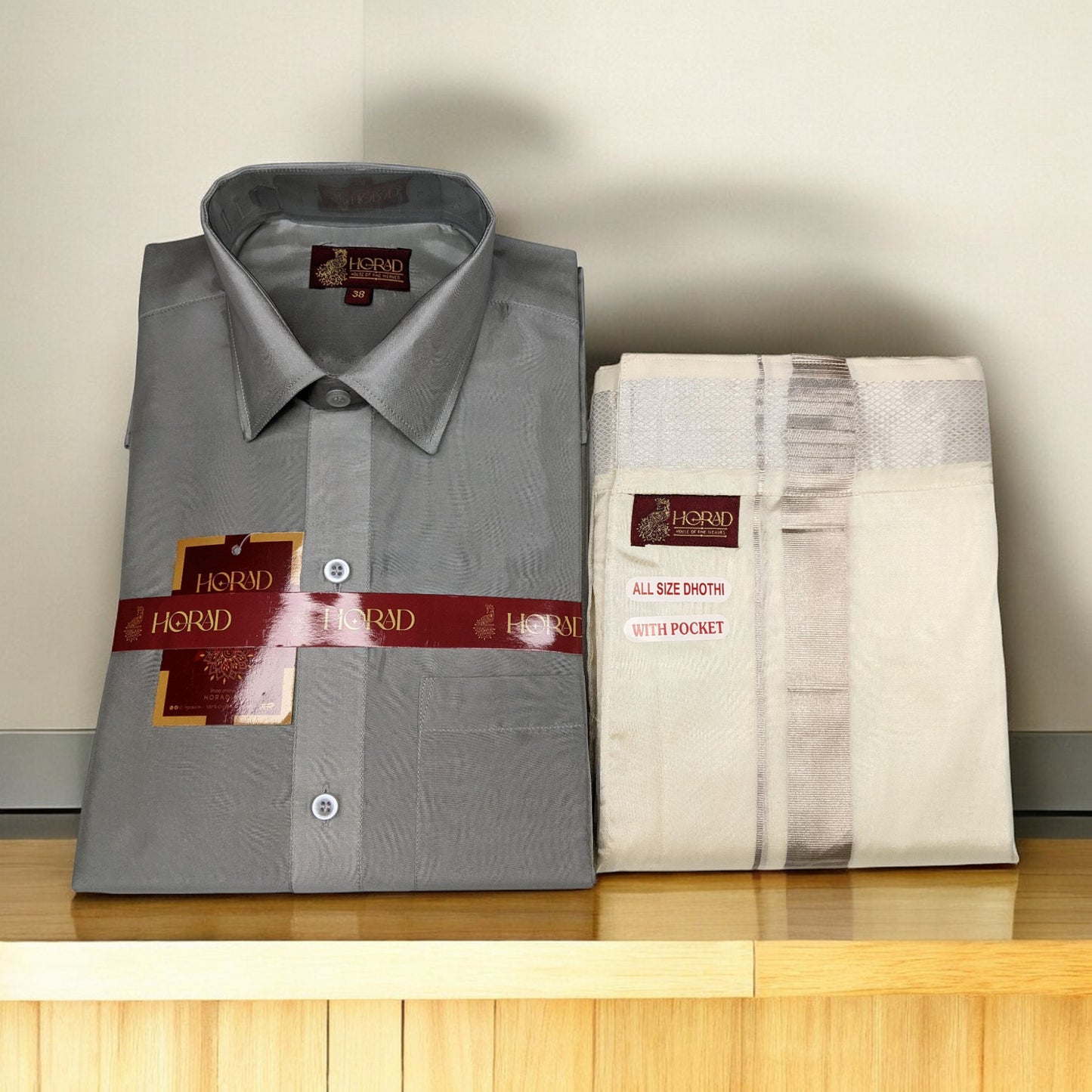 Horad Premium Art Silk Steel Grey Shirt + Silver Zari Welcro Dhoti