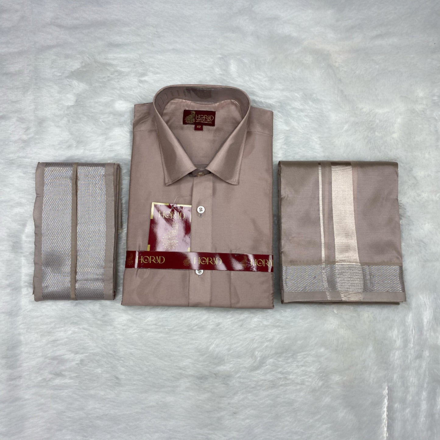 Horad Premium Art Silk Sandstone Shirt + Dhoti + Angavastram