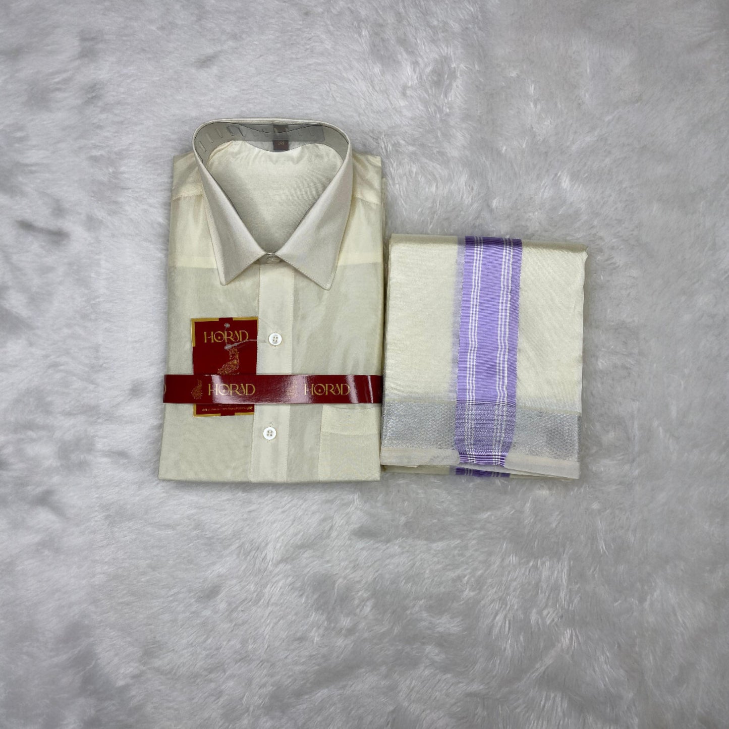 Horad Premium Art Silk Cream Shirt +Cream with Lavender + Silver Border Dhoti