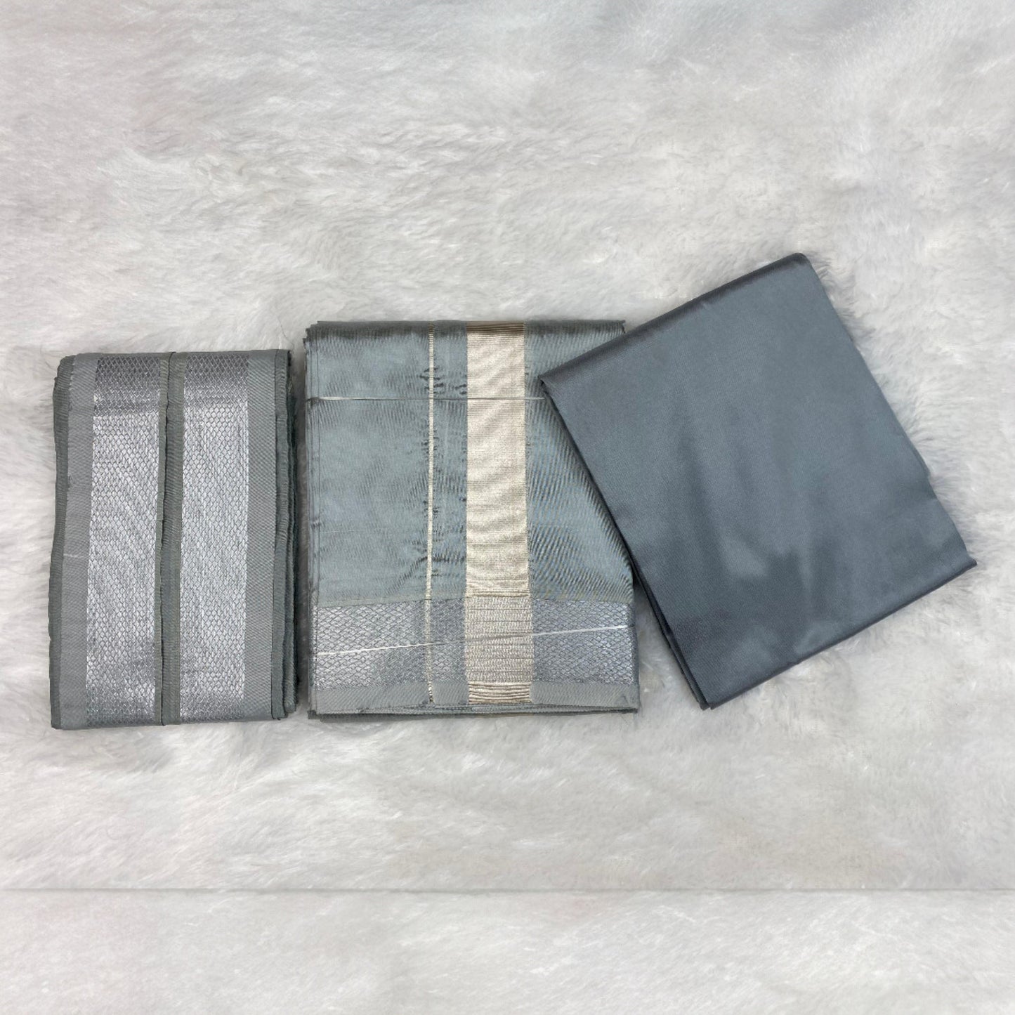 HORAD Premium Art Silk Steel Grey Shirt Material (3 Meter) + (9X5) Dhoti + Angavastram