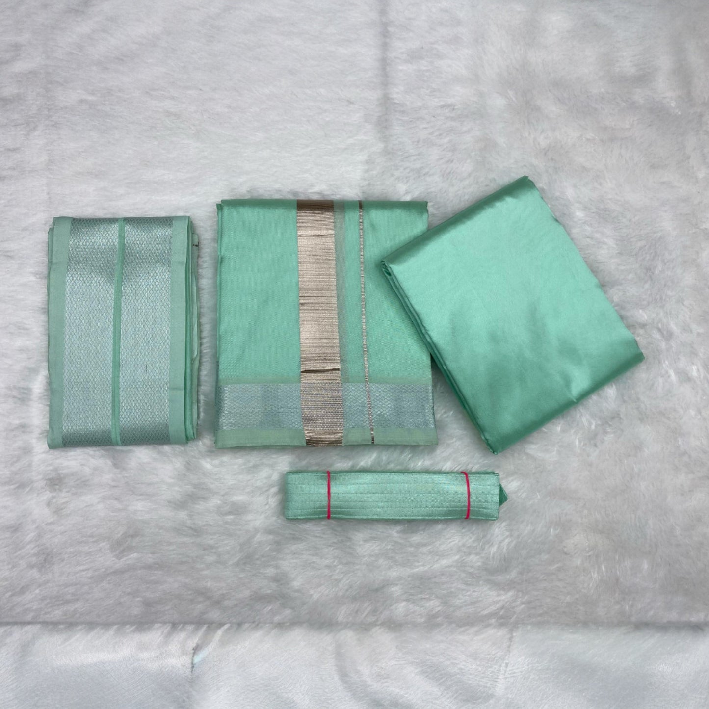 HORAD Premium Art Silk ML.Green Shirt Material (3 Meter) + (9X5) Dhoti + Angavastram + Belt