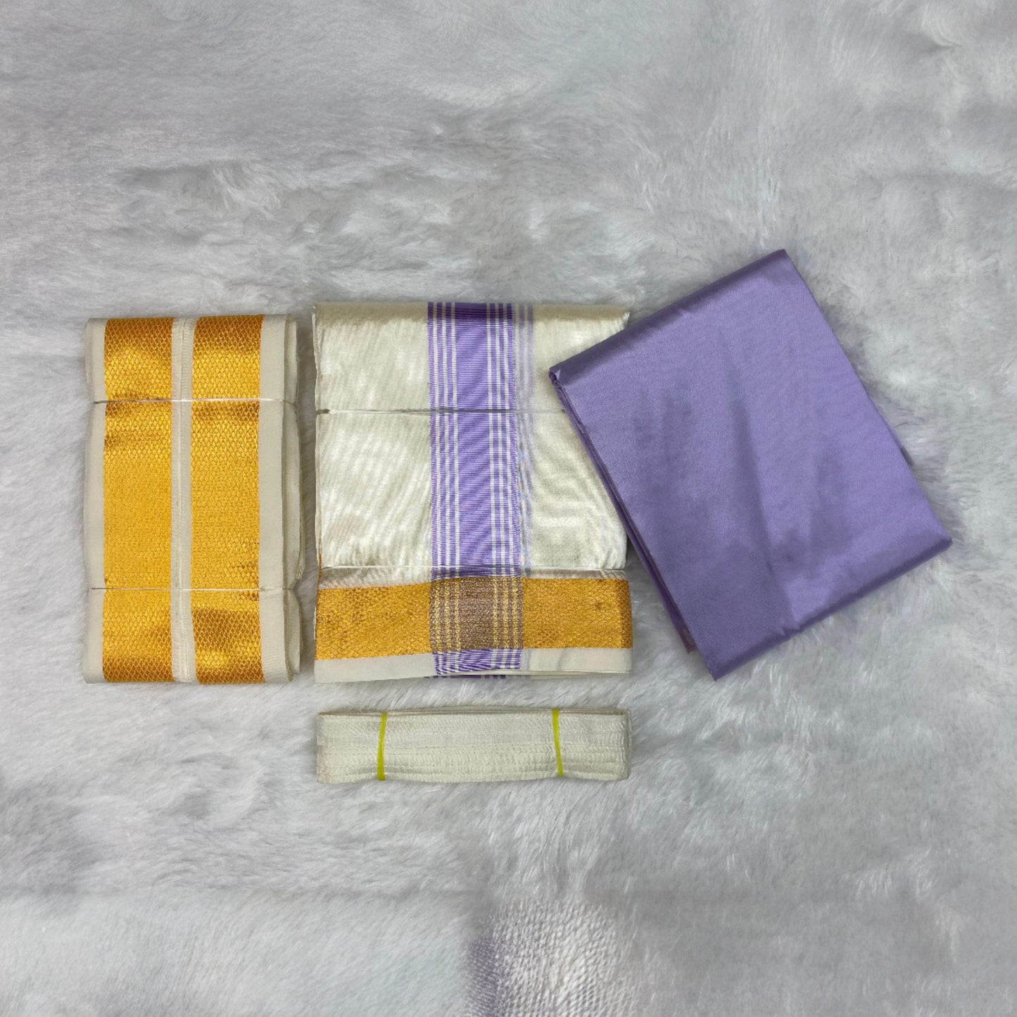 HORAD Premium Art Silk Cream with Lavender+Gold Border Dhoti with Lavender Shirt Material + Angavastram + Belt