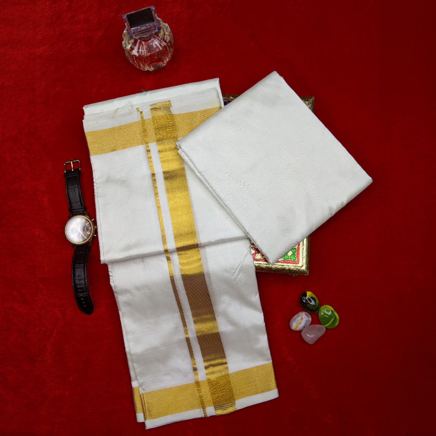 Horad Silk Blend Cream 1.50” Shirt Material + Dhoti + Angavastram (9X5)