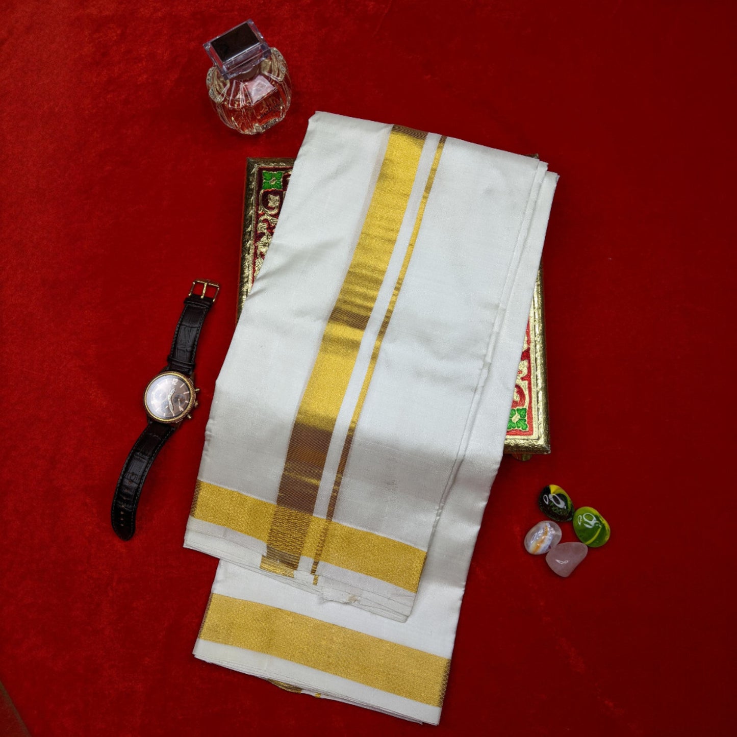 Horad Silk Blend Cream 1.50” Shirt Material + Dhoti + Angavastram (9X5)