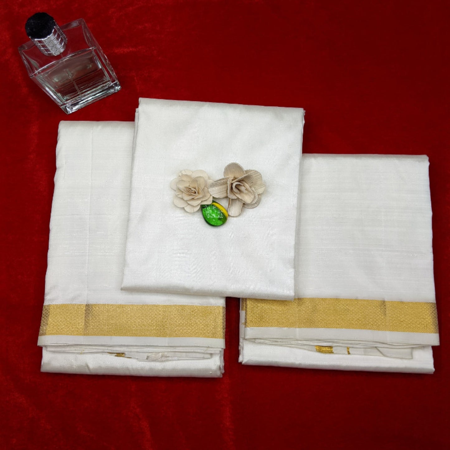 Horad Silk Blend Cream 1.25” Shirt Material + Dhoti + Angavastram (9X5)