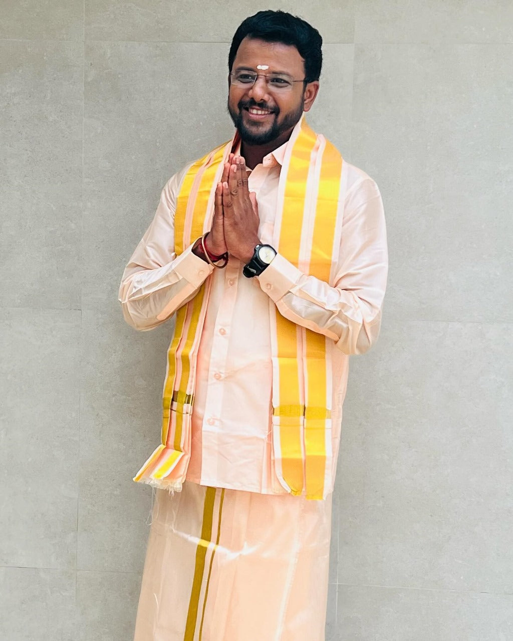 Horad Premium Art Silk Rose Gold Shirt + Dhoti + Angavastram