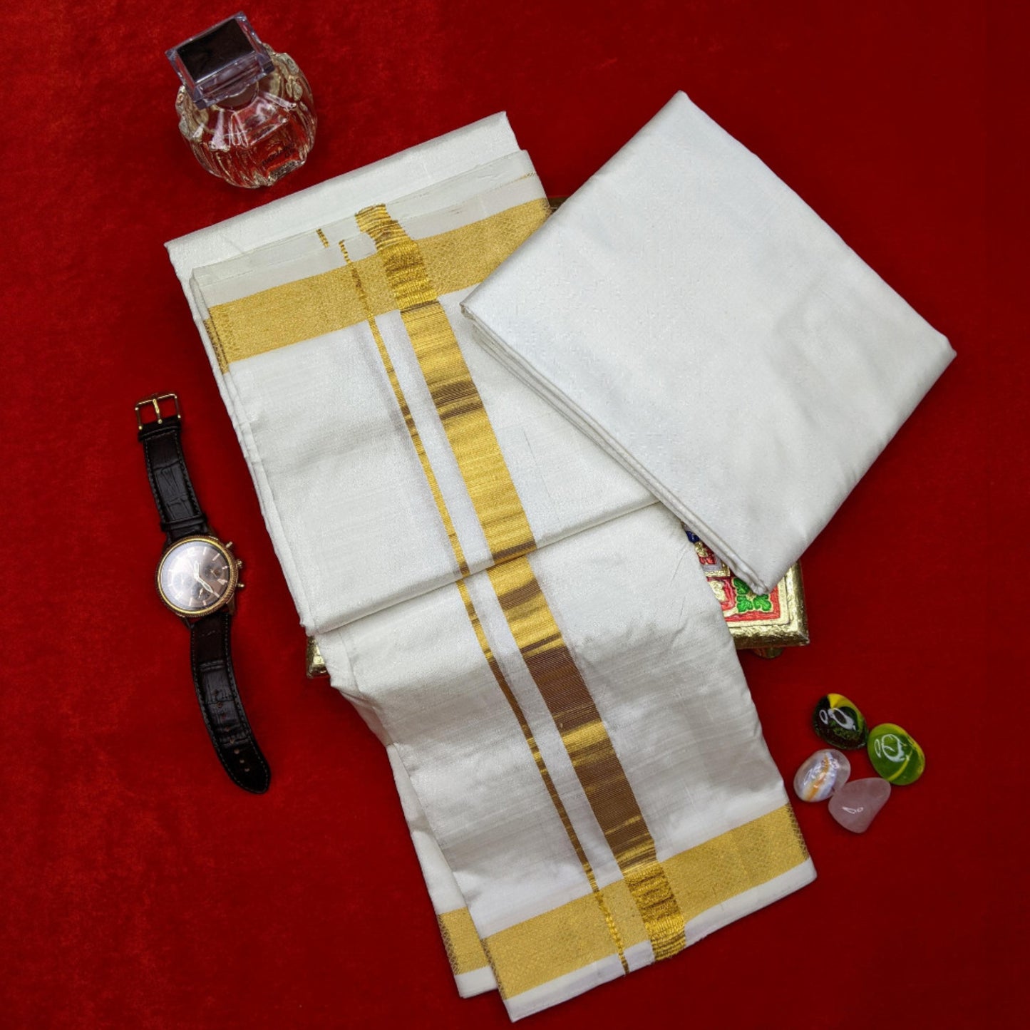 Horad Pure Silk Cream 1.25” Shirt Material + Dhoti + Angavastram (9X5)