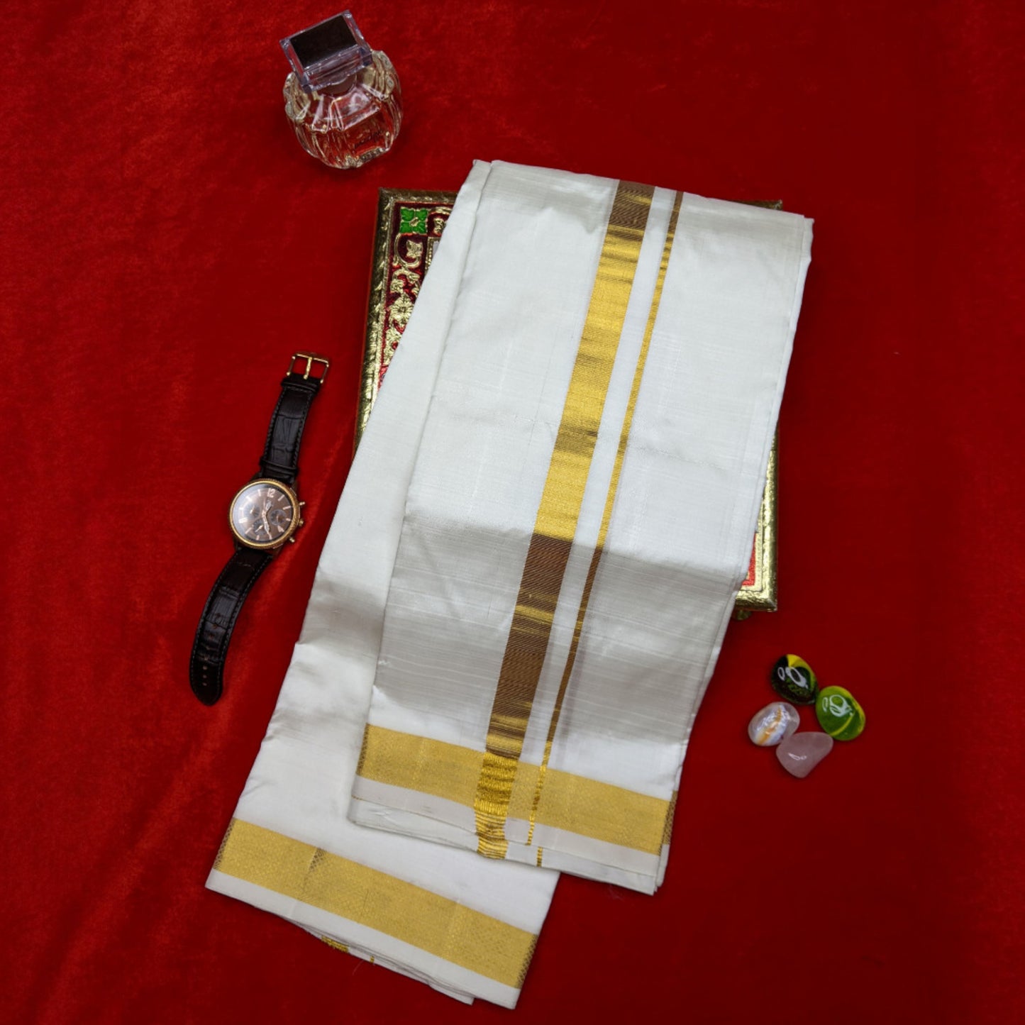 Horad Pure Silk Cream 1.25” Shirt Material + Dhoti + Angavastram (9X5)