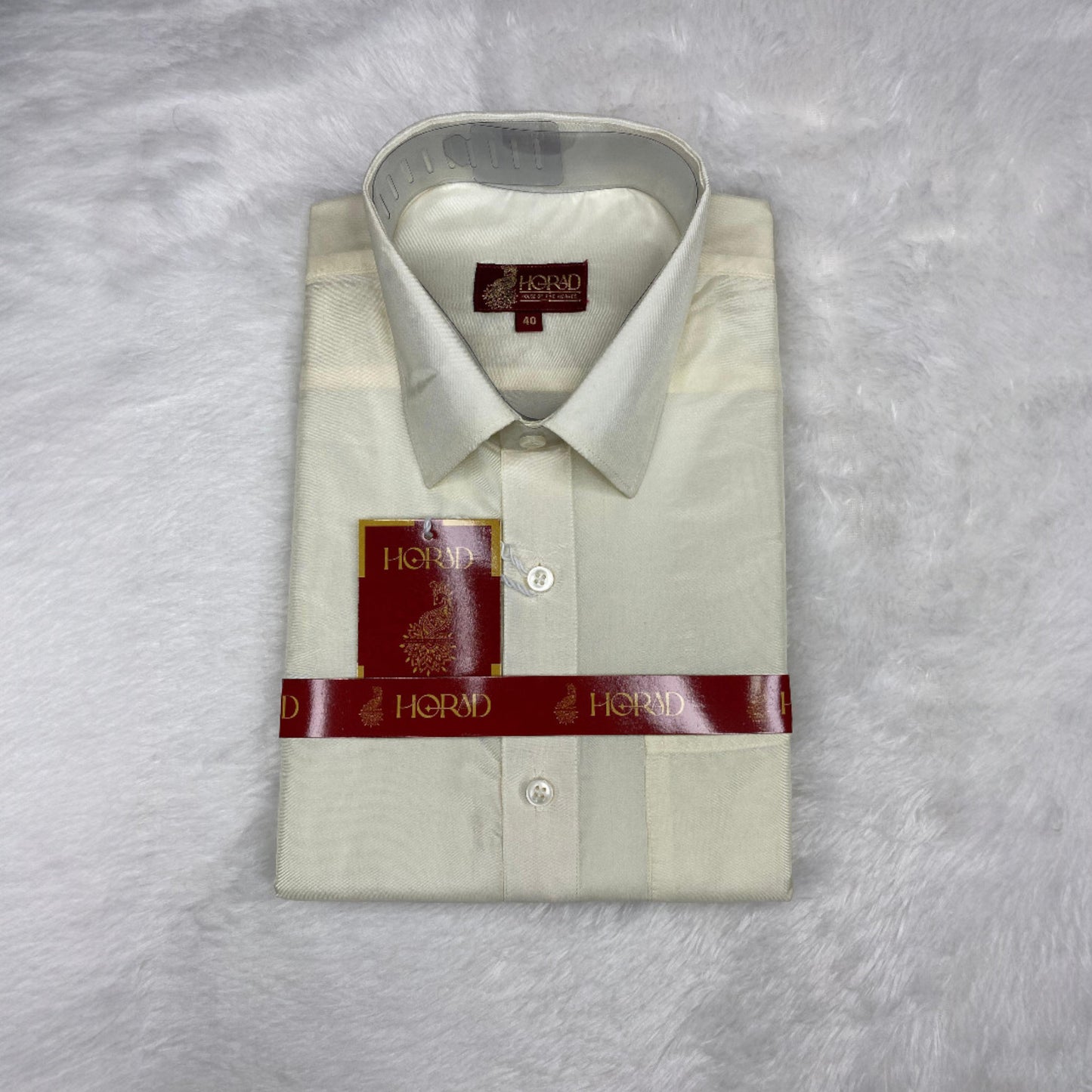 Horad Premium Art Silk Dad and Son Cream Shirt + Cream with Copper Dhoti + Angavastram