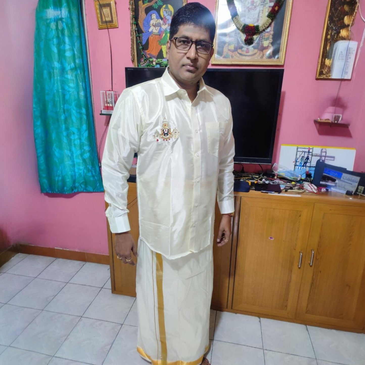 Horad Premium Art Silk Cream Balaji Embroidery Shirt + Cream with Gold Border Welcro Dhoti + Angavastram