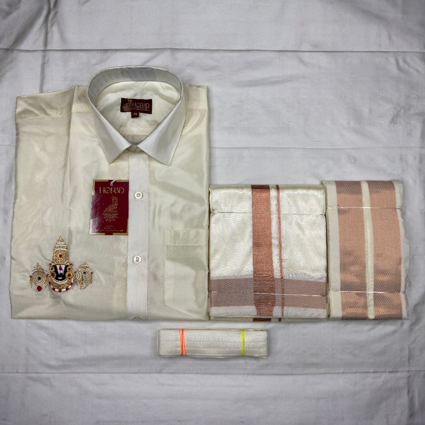 Horad Premium Art Silk Cream Balaji Embroidery Shirt + Cream with Copper Border Dhoti + Angavastram + Belt